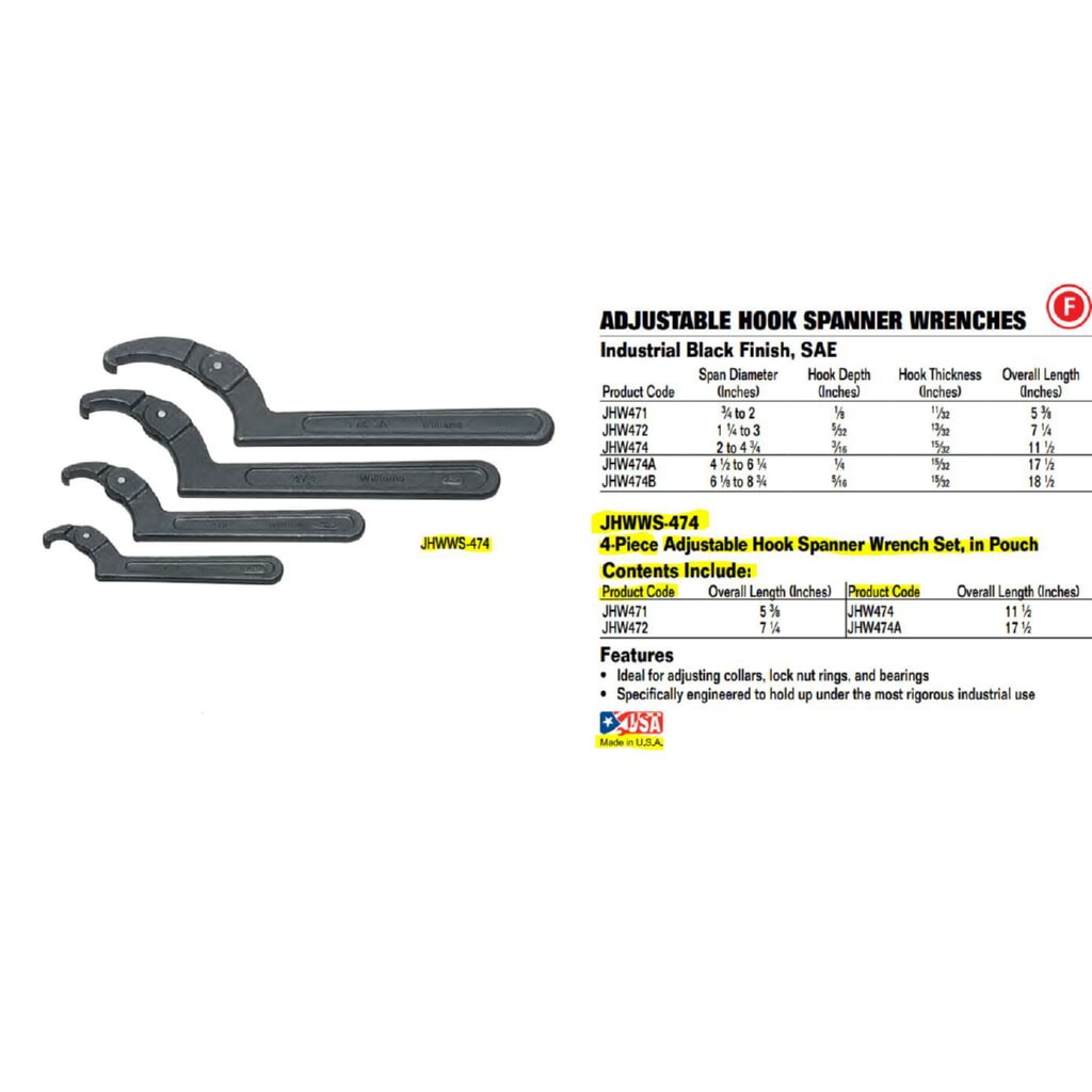 Williams WS-474 4-Piece Adjustable Hook Spanner Wrench Set