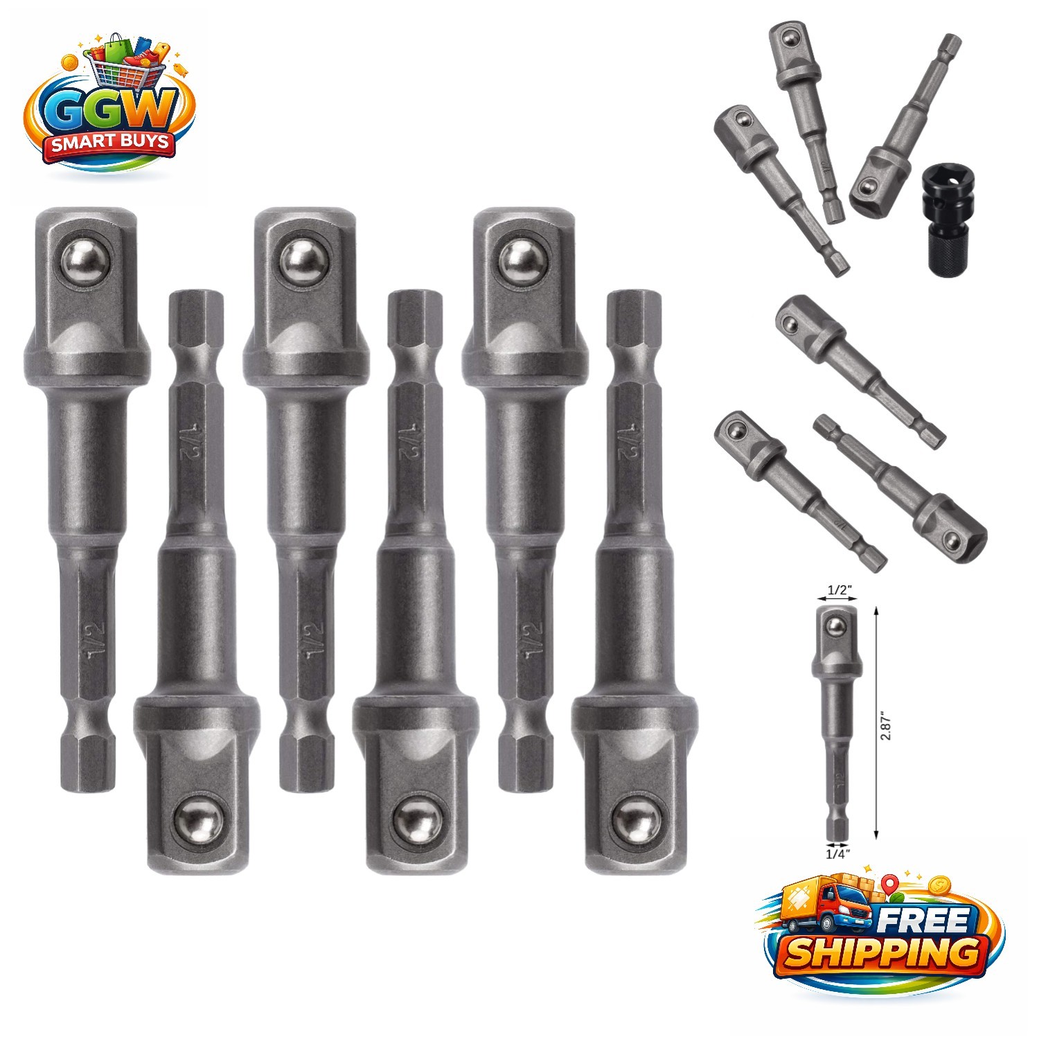 6 Pack Impact Driver Socket Adapter Set – 1/2 Inch Square & 1/4 Inch Hex