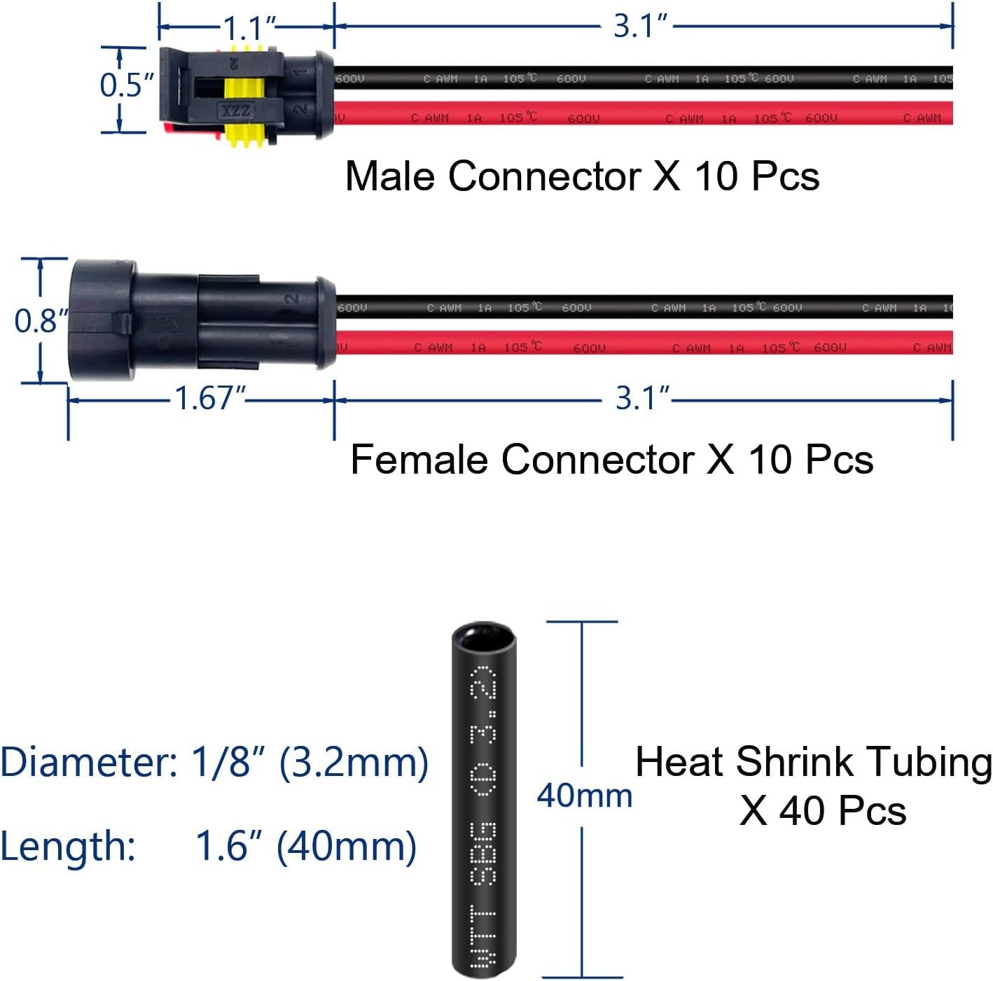 10 Kit 16 AWG 2 Pin Connector Car Waterproof Wire Connectors 2 2pin