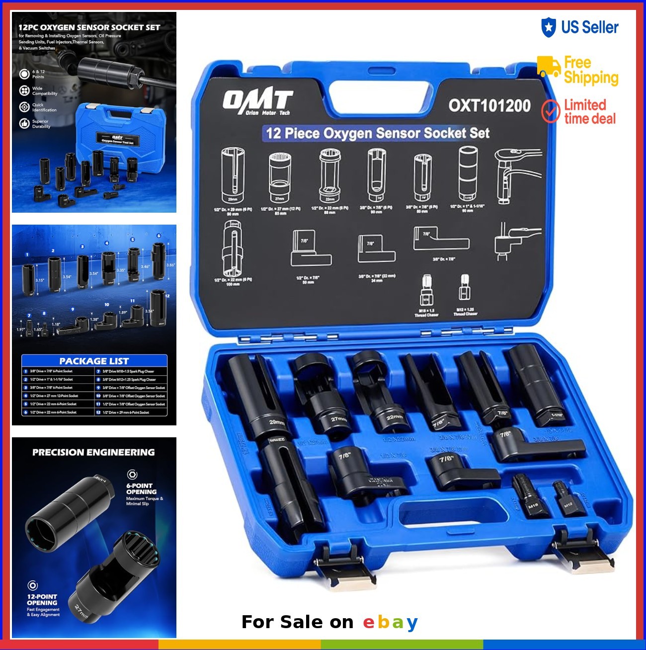 Oxygen Sensor Socket Set 12 Piece 22mm 27mm 29mm 7/8 1-1/16 Inch O2 Removal Tool