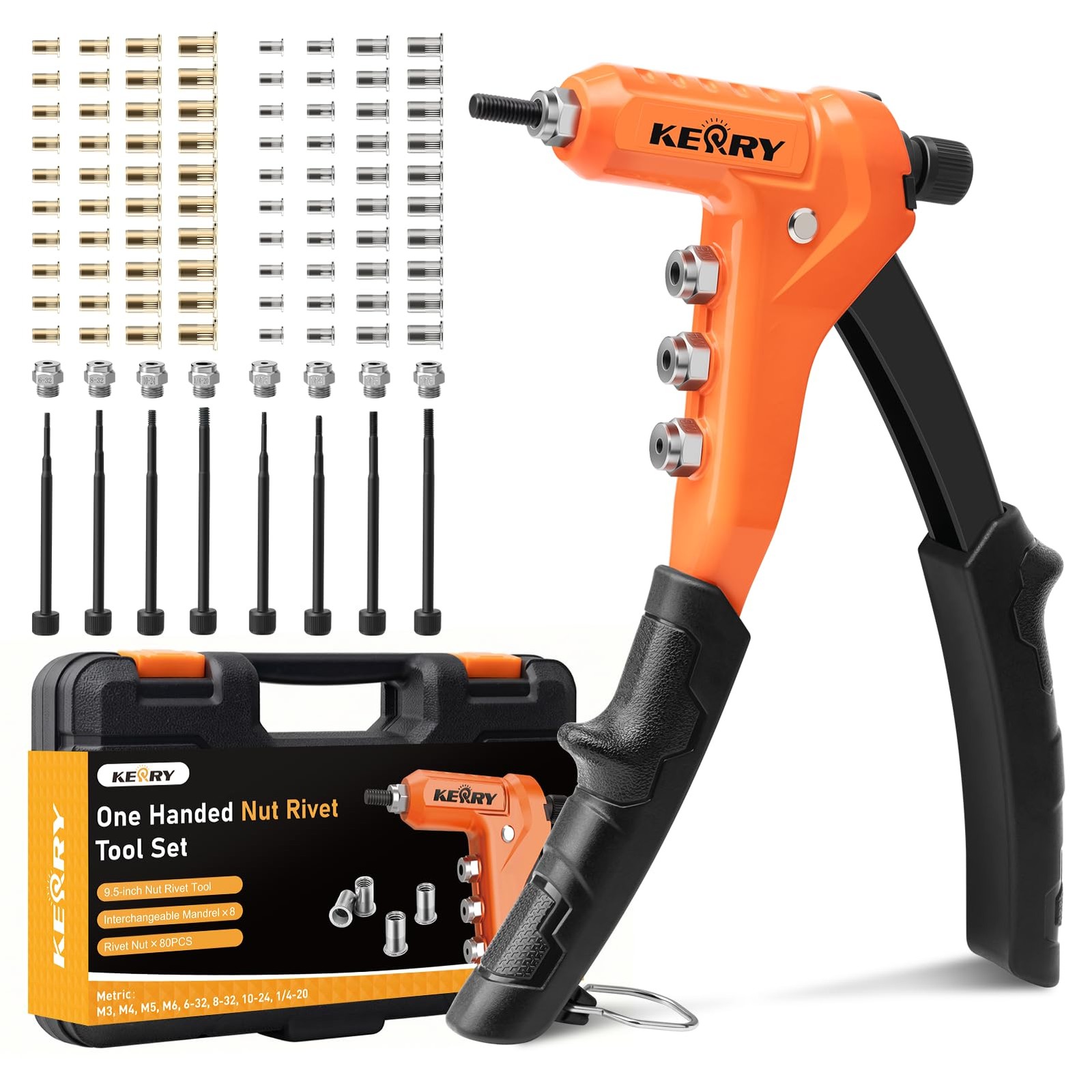 Kerry Rivet Nut Gun Tool, One-Handed Riveters 9.5″ 9.5”, Orange and Black