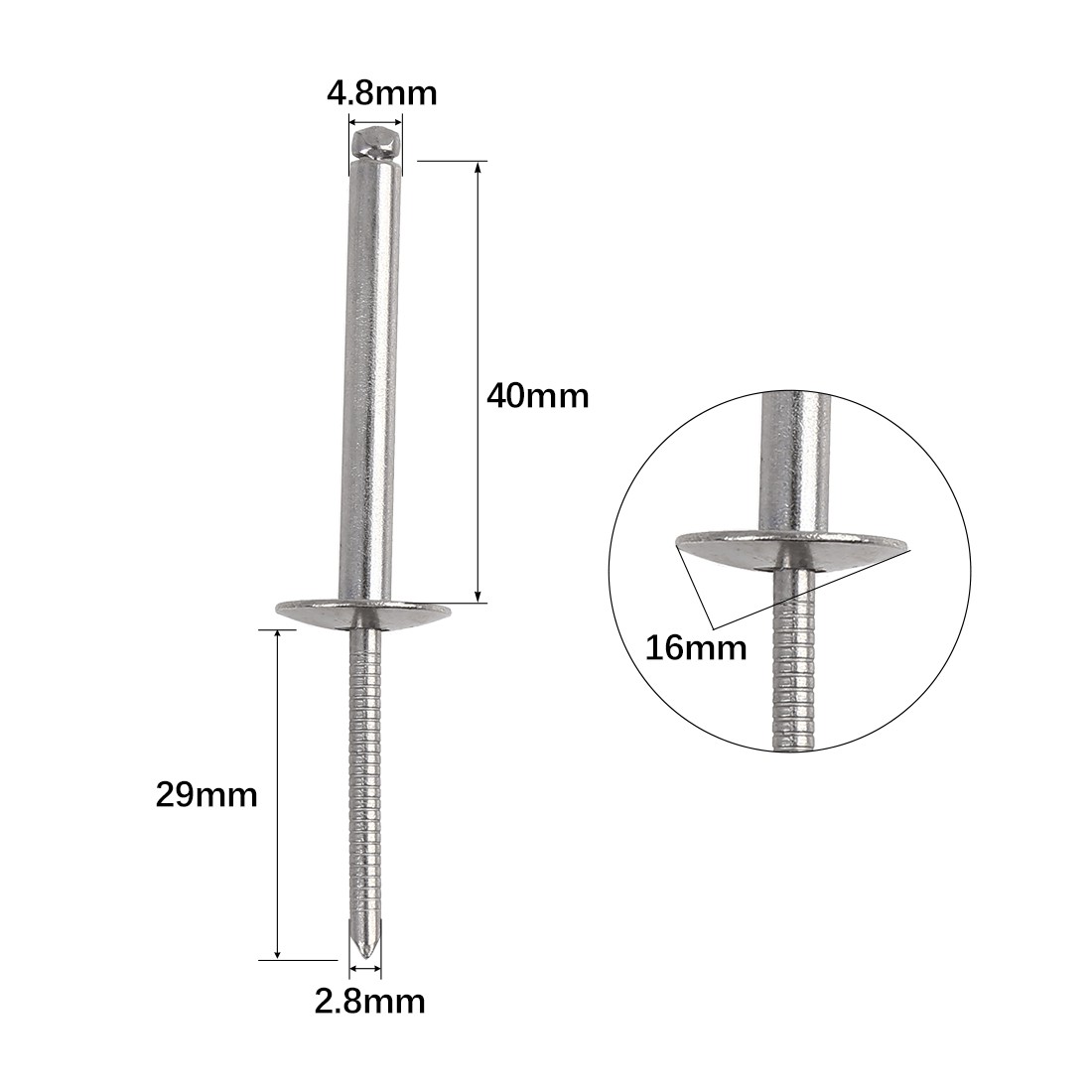 2pcs Car Aluminum Rivet Grip 4.8mm x 40mm Mandrel 2.8mm Dia. 304 Stainless Steel