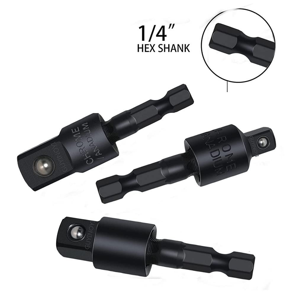 3PCS Wobble Socket Adapter Set 1/4 Hex Shank 1/4 3/8 1/2 Drive Ratchet Extension