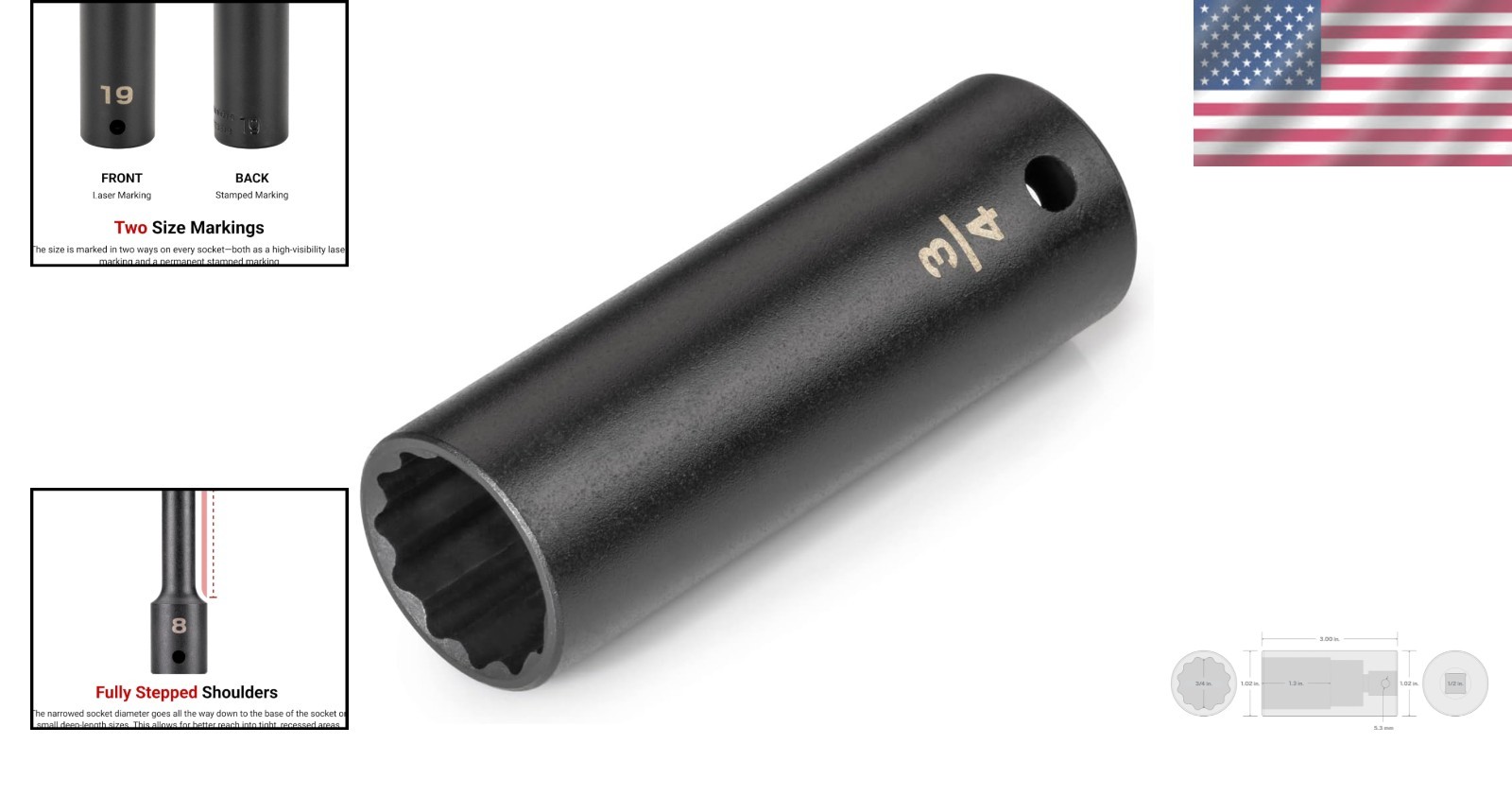 Durable 1/2 Inch Drive x 3/4 Inch Deep 12-Point Impact Socket, Oil Rubbed Finish