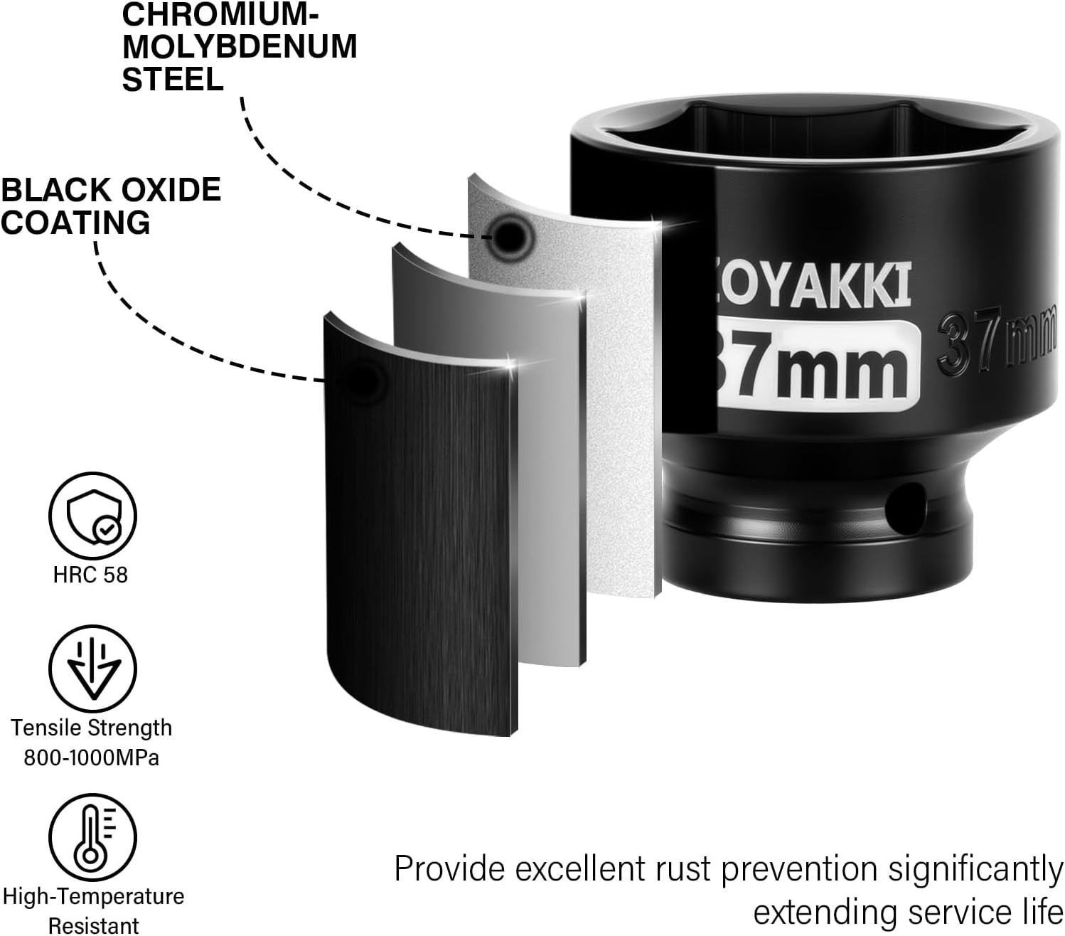 1/2 Inch Drive Impact Socket 37mm Chrome Molybdenum Axle Nut Socket for