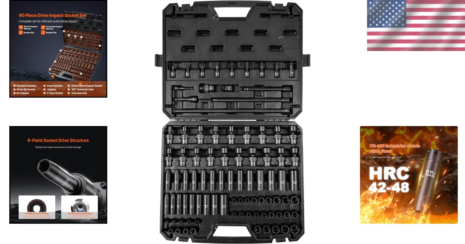Heavy-Duty 90-Pc Impact Socket Set 3/8″ Drive, SAE & Metric