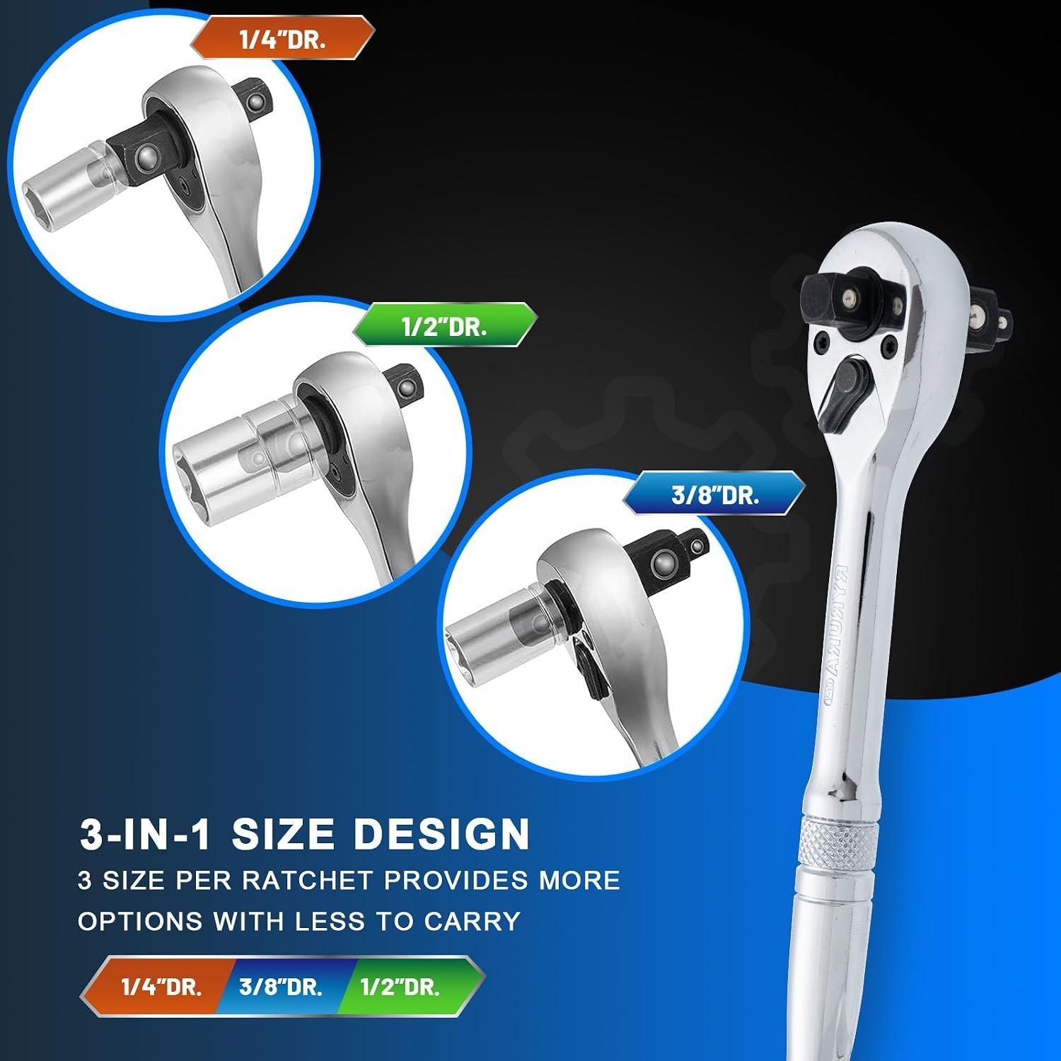 3-IN-1 Ratchet Handle,1/4″,3/8″,1/2″ Drive Ratchet Wrench,72-Tooth Reversible…