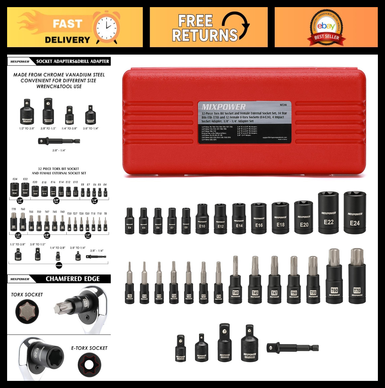 32PCS Torx Bit Socket Set – 14 Star Bits (T8-T70) & 13 E-Torx Sockets (E4-E24) C