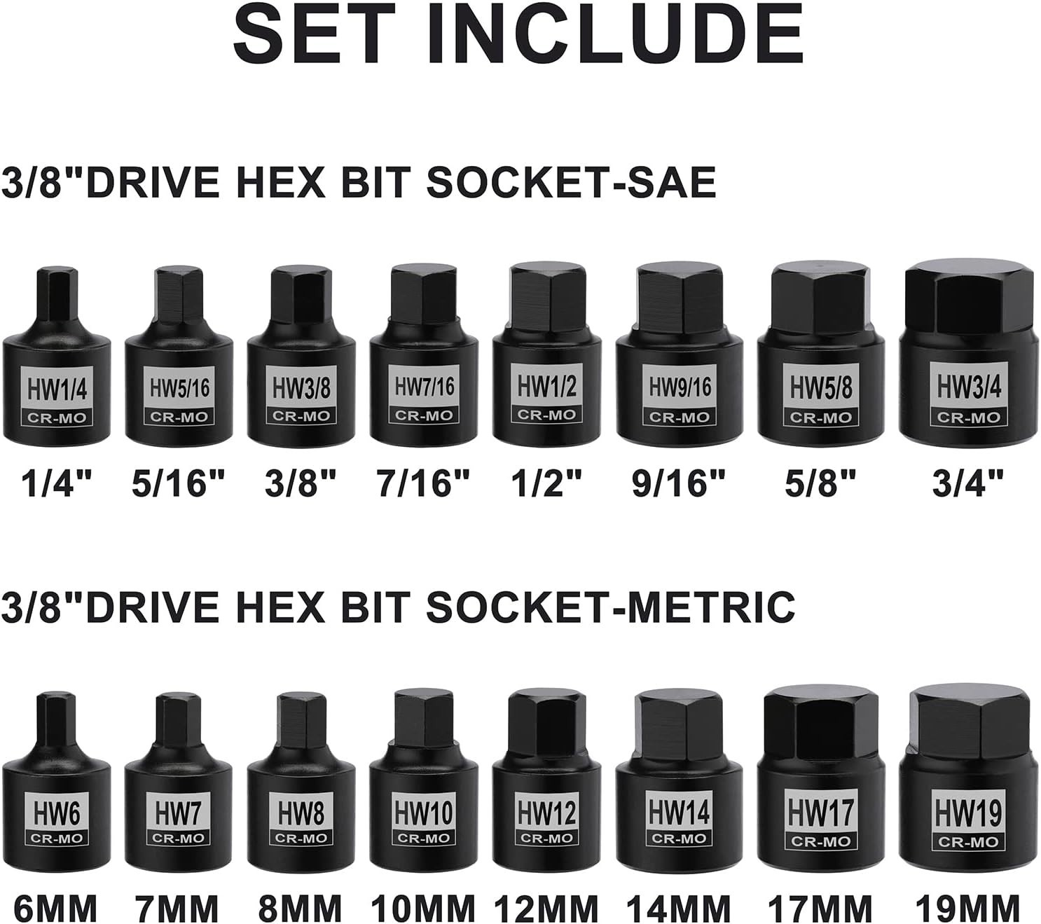 16 Pieces 3/8″ Drive Low Profile Hex Socket Set, Impact Allen Bit Socket, CR-…