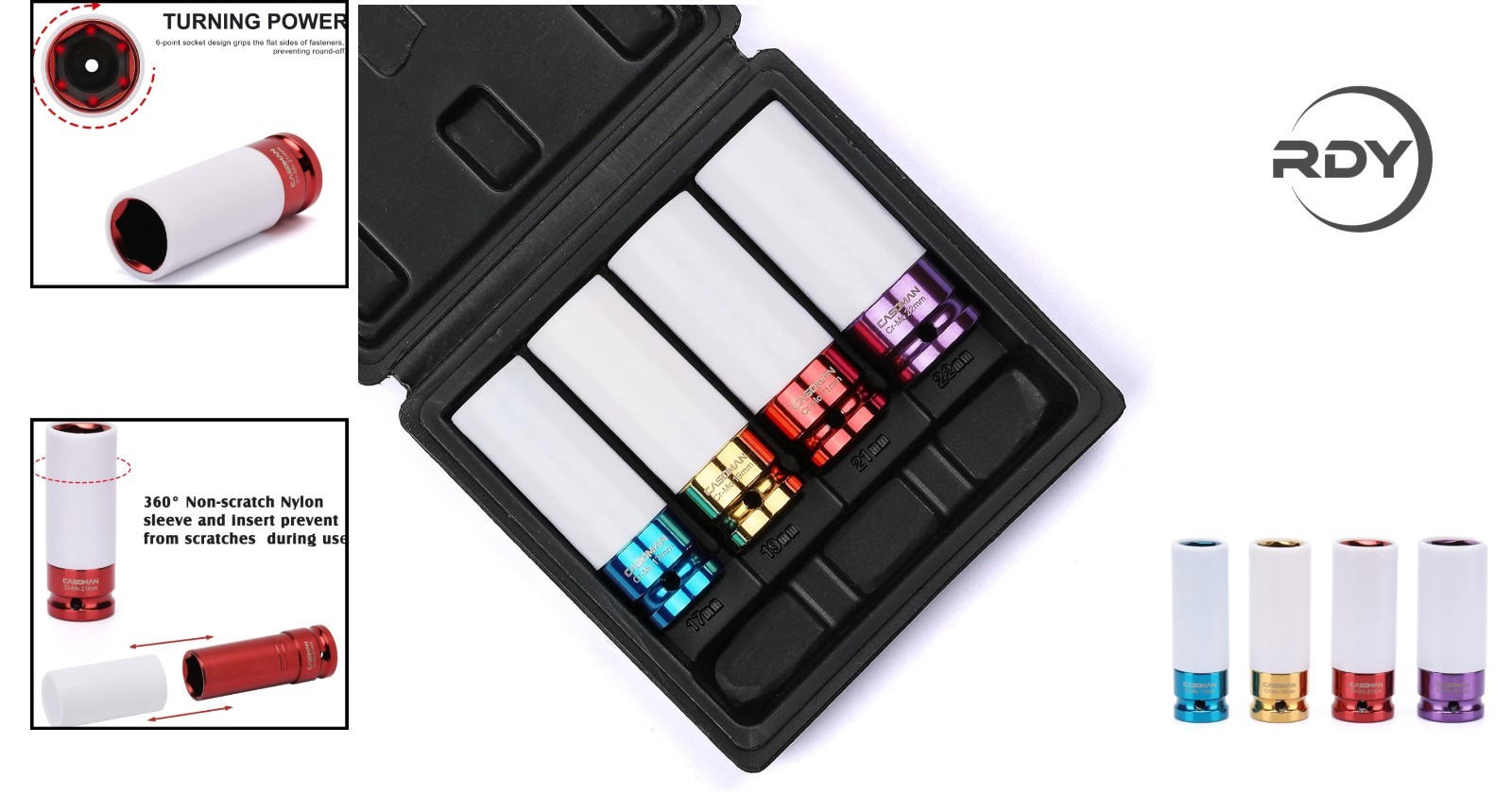 1/2″ Drive Wheel Protector Impact Socket Set – Four Durable Thin Wall Pieces