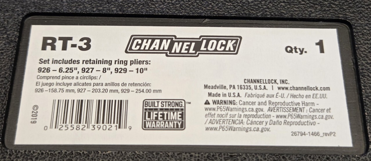 CHANNEL LOCK RT-3 3-PIECE CONVERTIBLE RETAINING RING PLIER SET 6.25″ 8″ 10″ BLUE