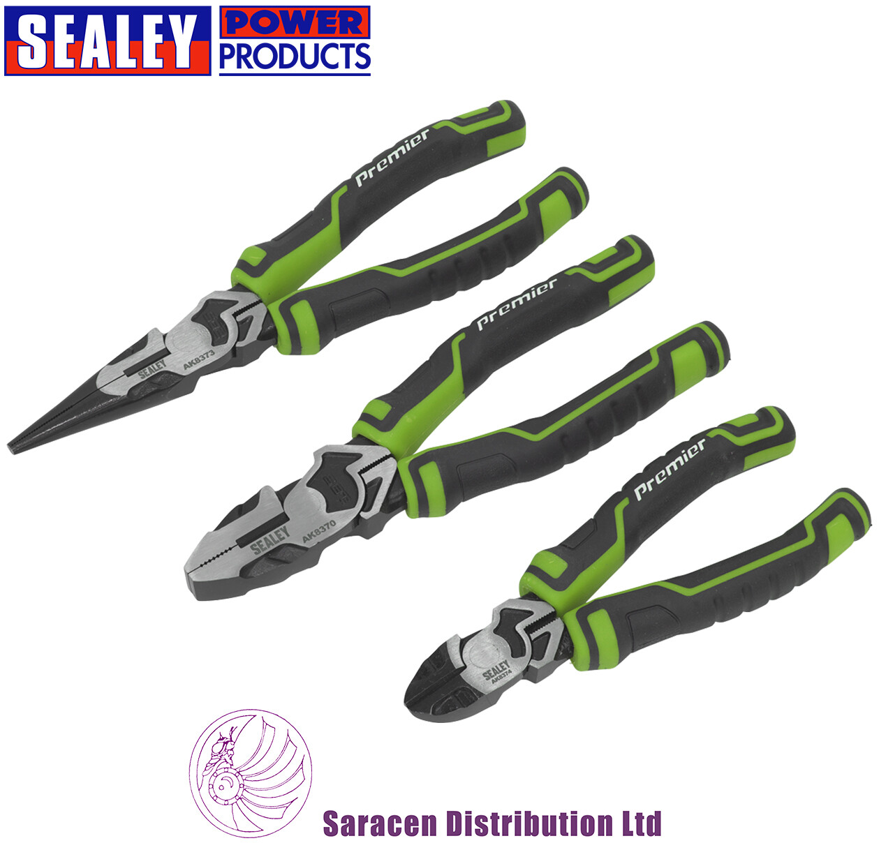 SEALEY 3 PIECE HIGH LEVERAGE PLIERS SET, HI-VIS GREEN- AK8376HV