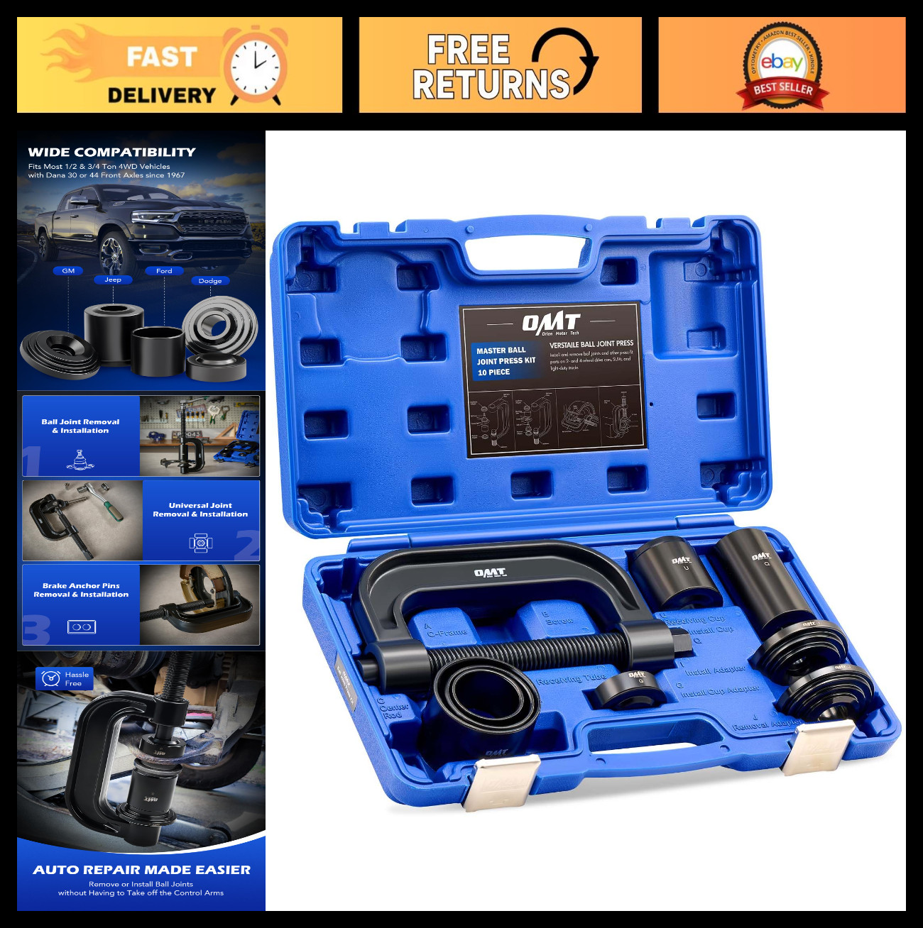 Heavy Duty Ball Joint Press Kit – Removal Tool with 4WD Adapters for 2WD/4WD Car