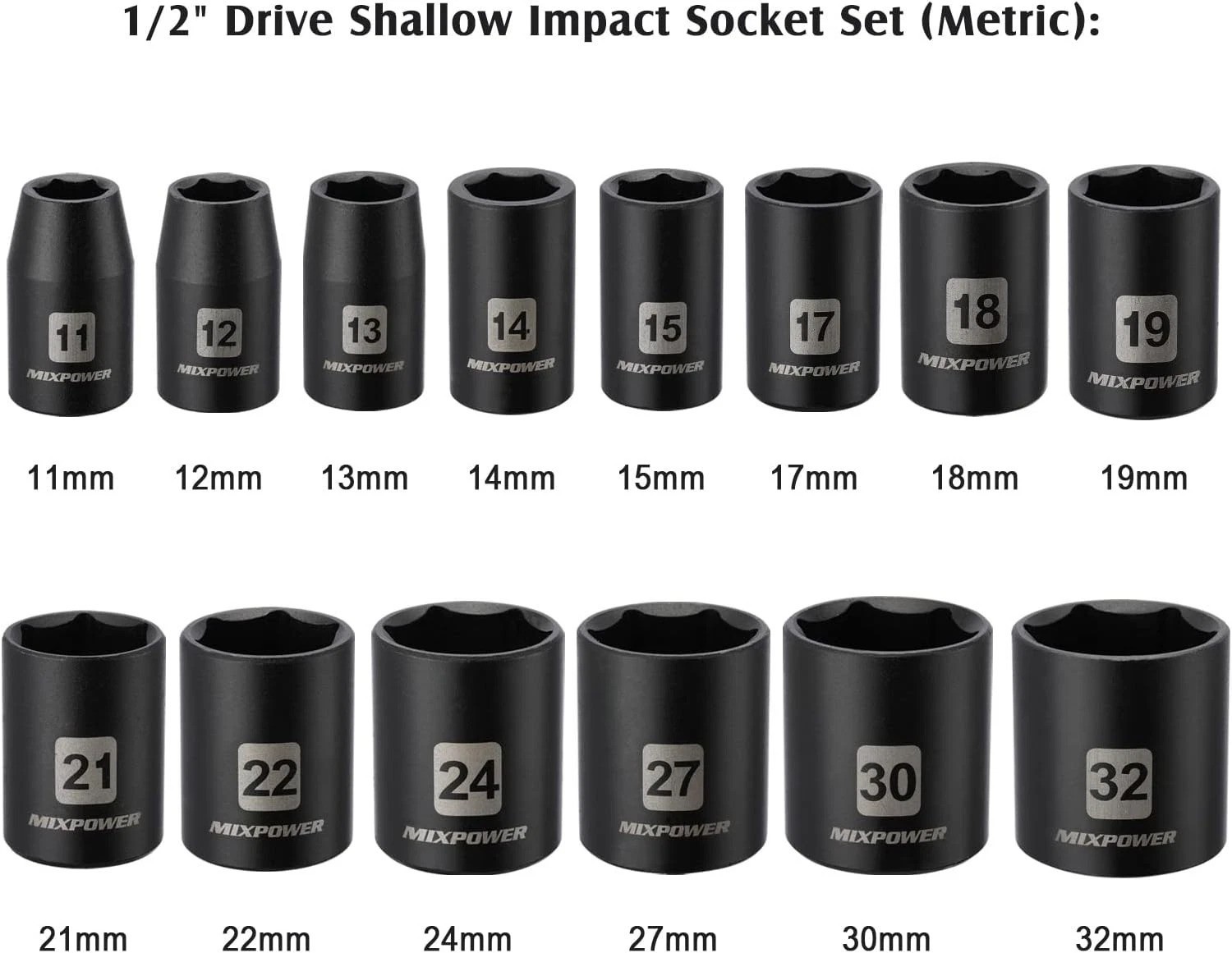 14 Pieces 1/2-Inch Drive Shallow Impact Socket Set, 11-32mm, CR-V, Metric, 6 …