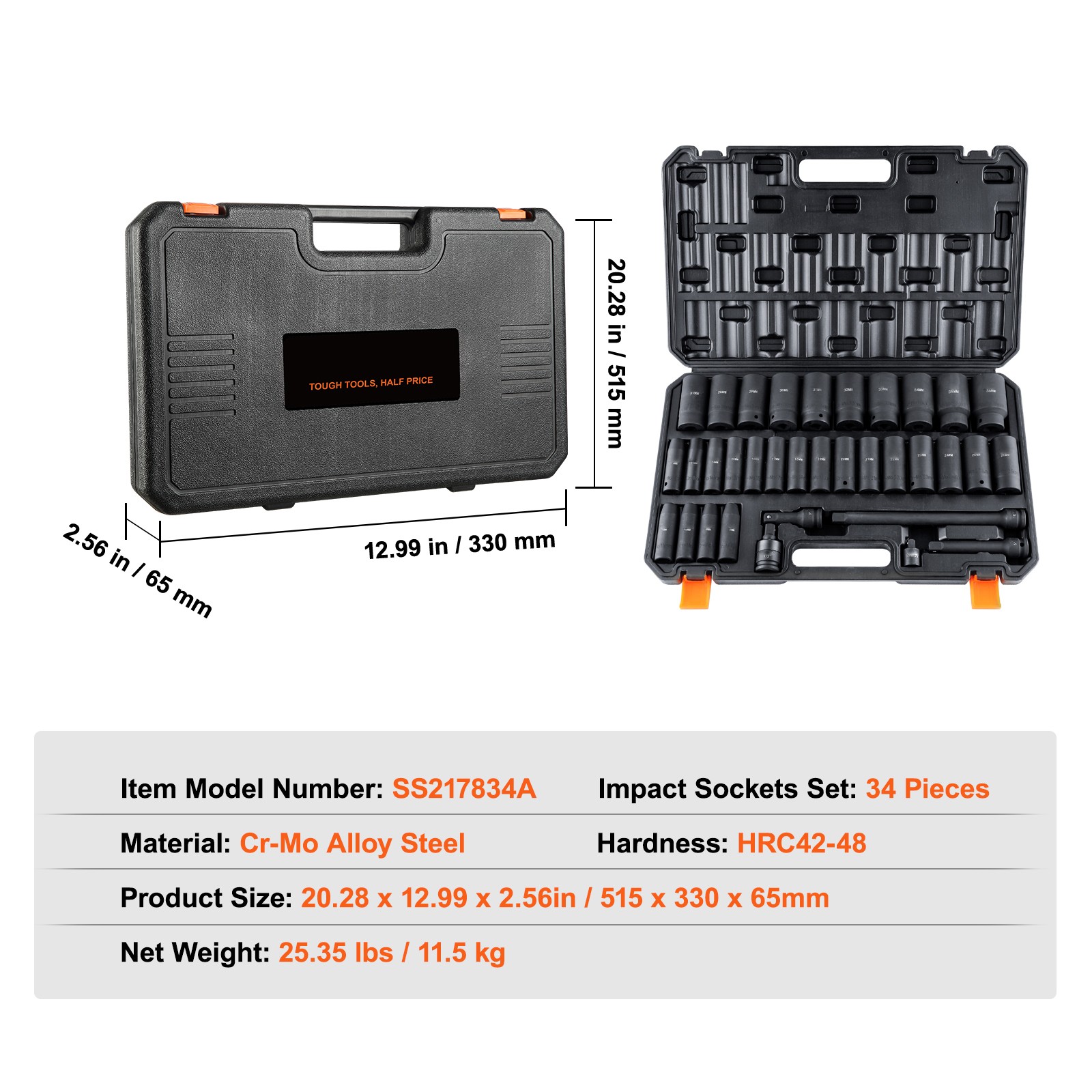 Impact Sockets Set 34pcs 6 Point 1/2inch Drive Bit Ratchet Tool Kit Case