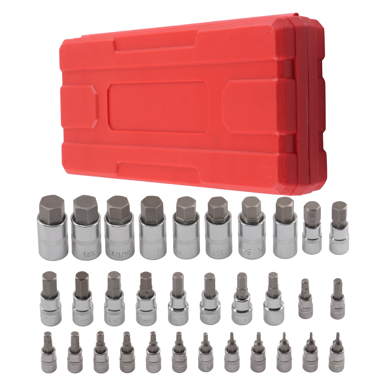 Chrome Plated Hex Bit Socket Set 32pc S2 Steel 1/4 3/8 1/2 Drive