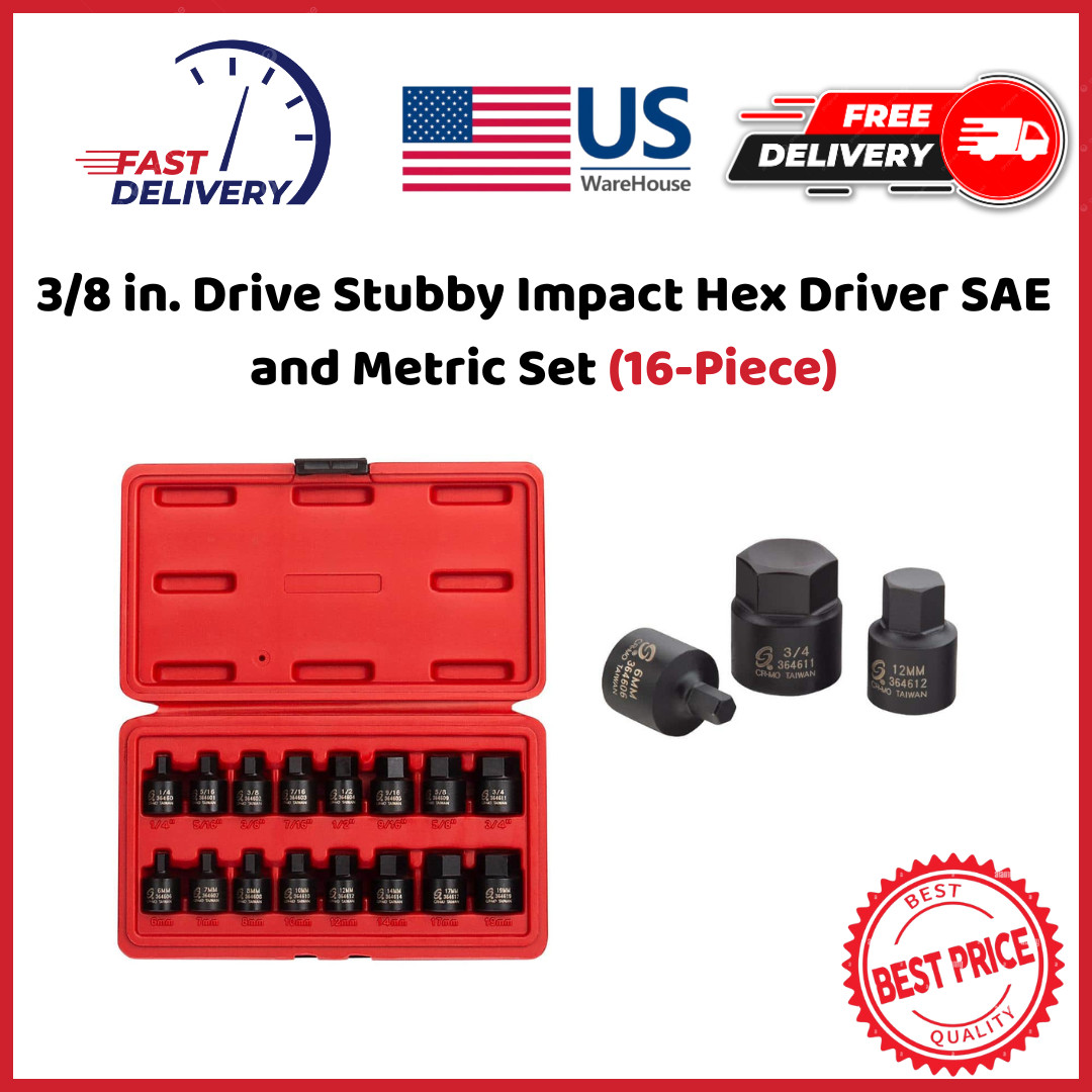 SUNEX TOOLS 3/8 in. Drive Stubby Impact Hex Driver SAE and Metric Set (16-Piece)