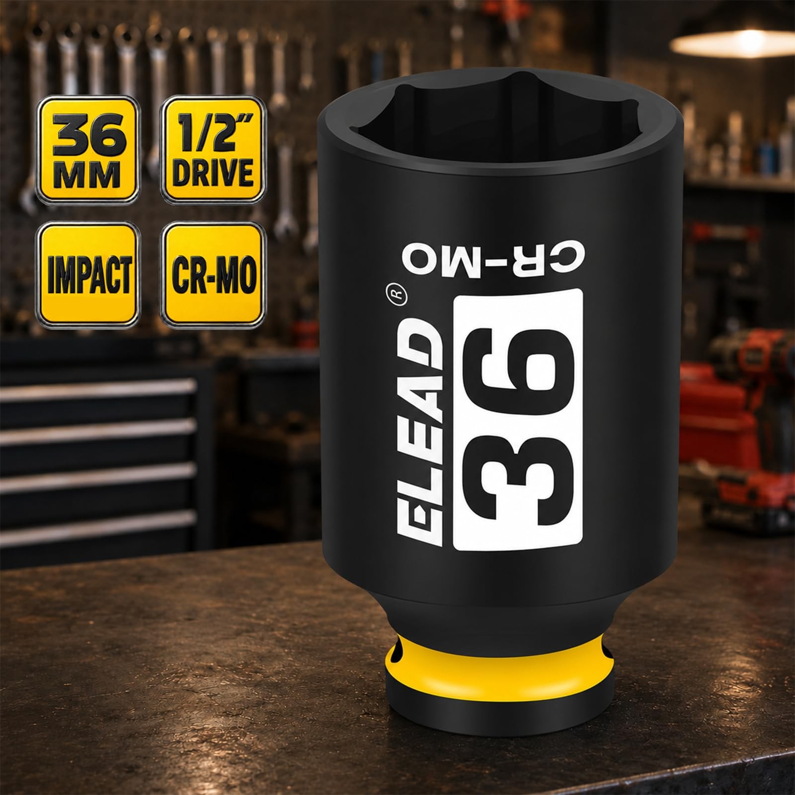 ELEAD 36mm Socket 1/2″ Drive Deep Impact Socket, Metric 6 36mm, Yellow