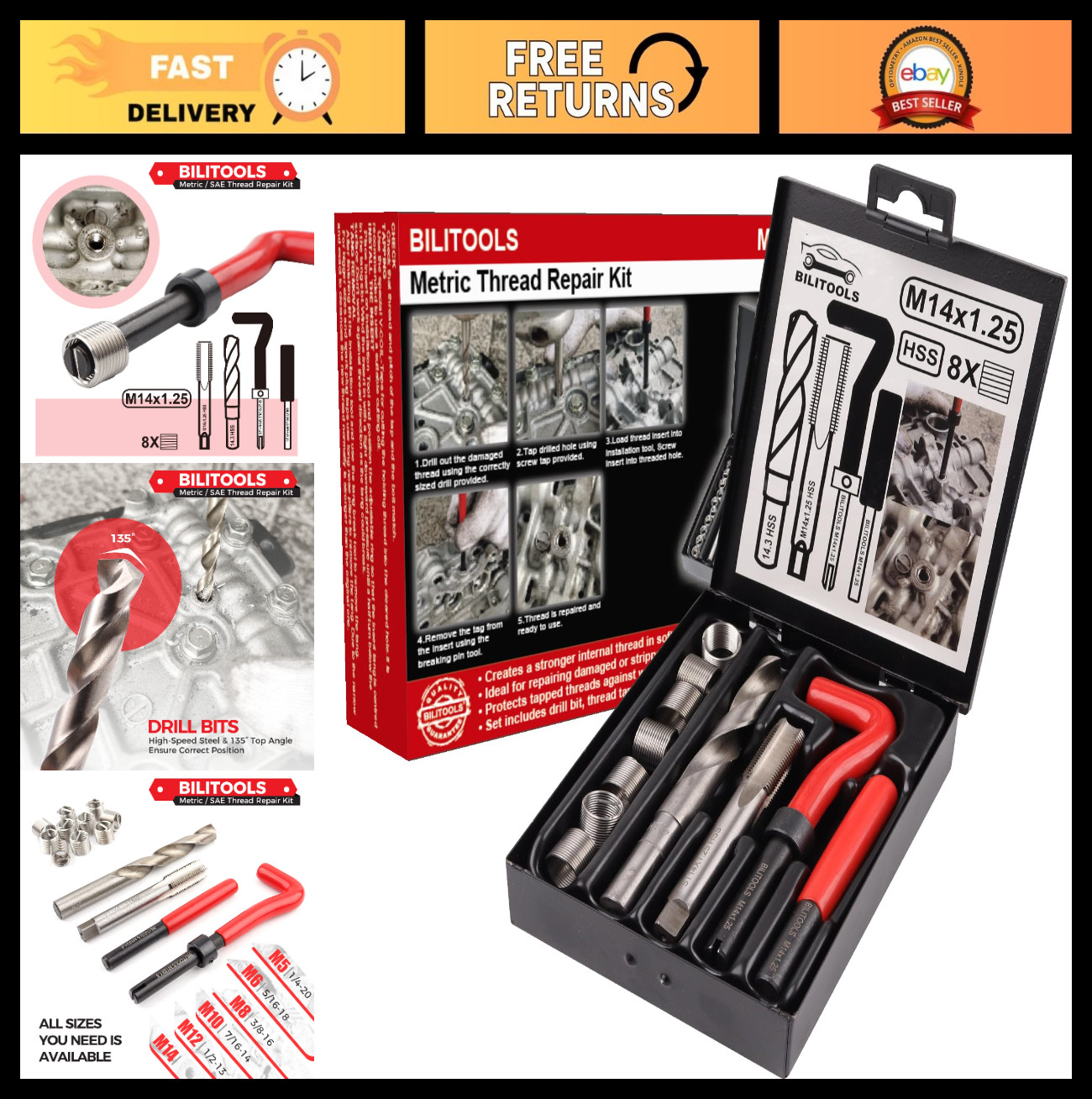 M14x1.25 Thread Repair Kit – HSS Drill Helicoil Metric Tool for Stripped Threads