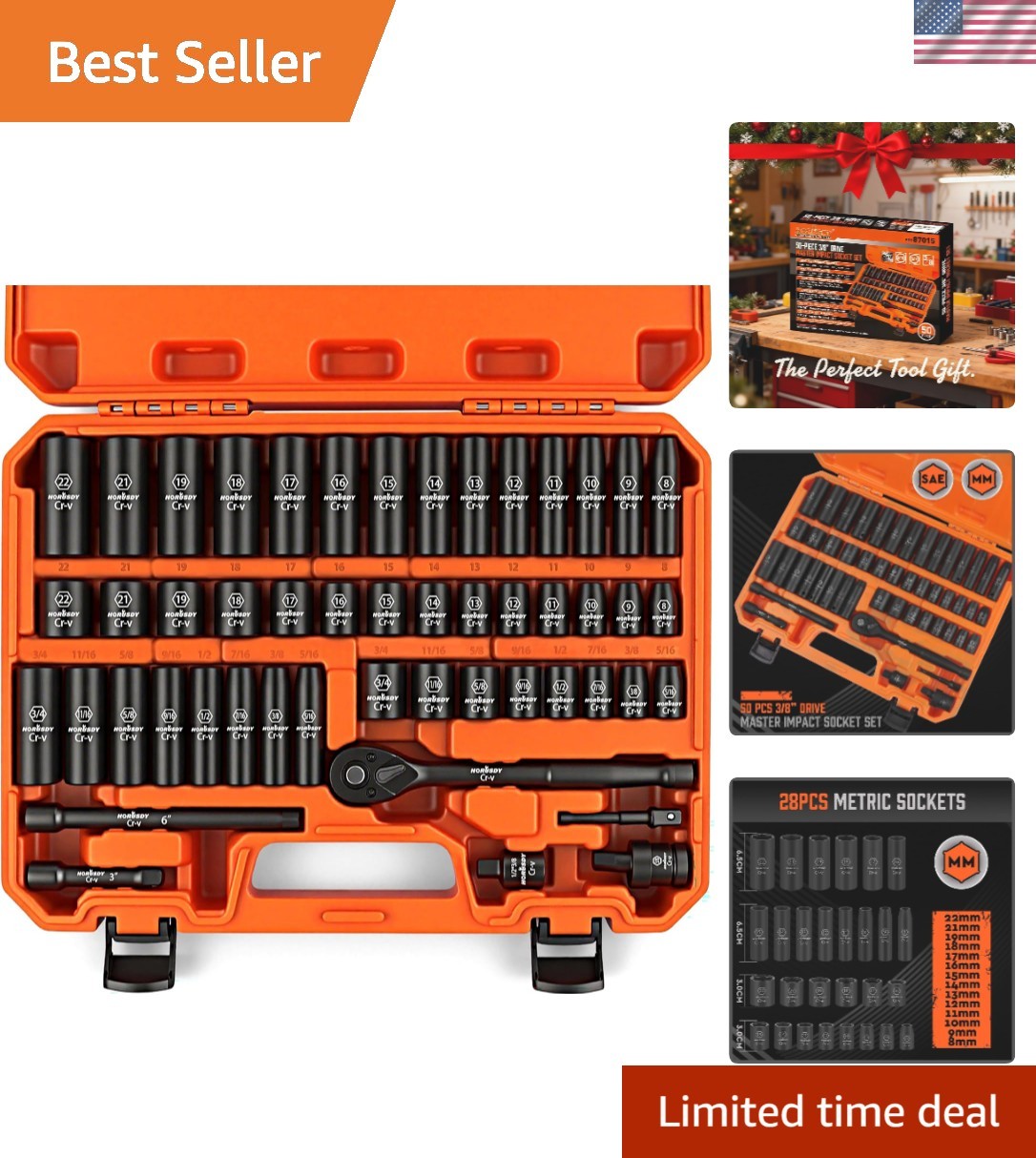 Standard & Metric 3/8″ Drive Socket Set – 50 Pieces, Corrosion-Resistant