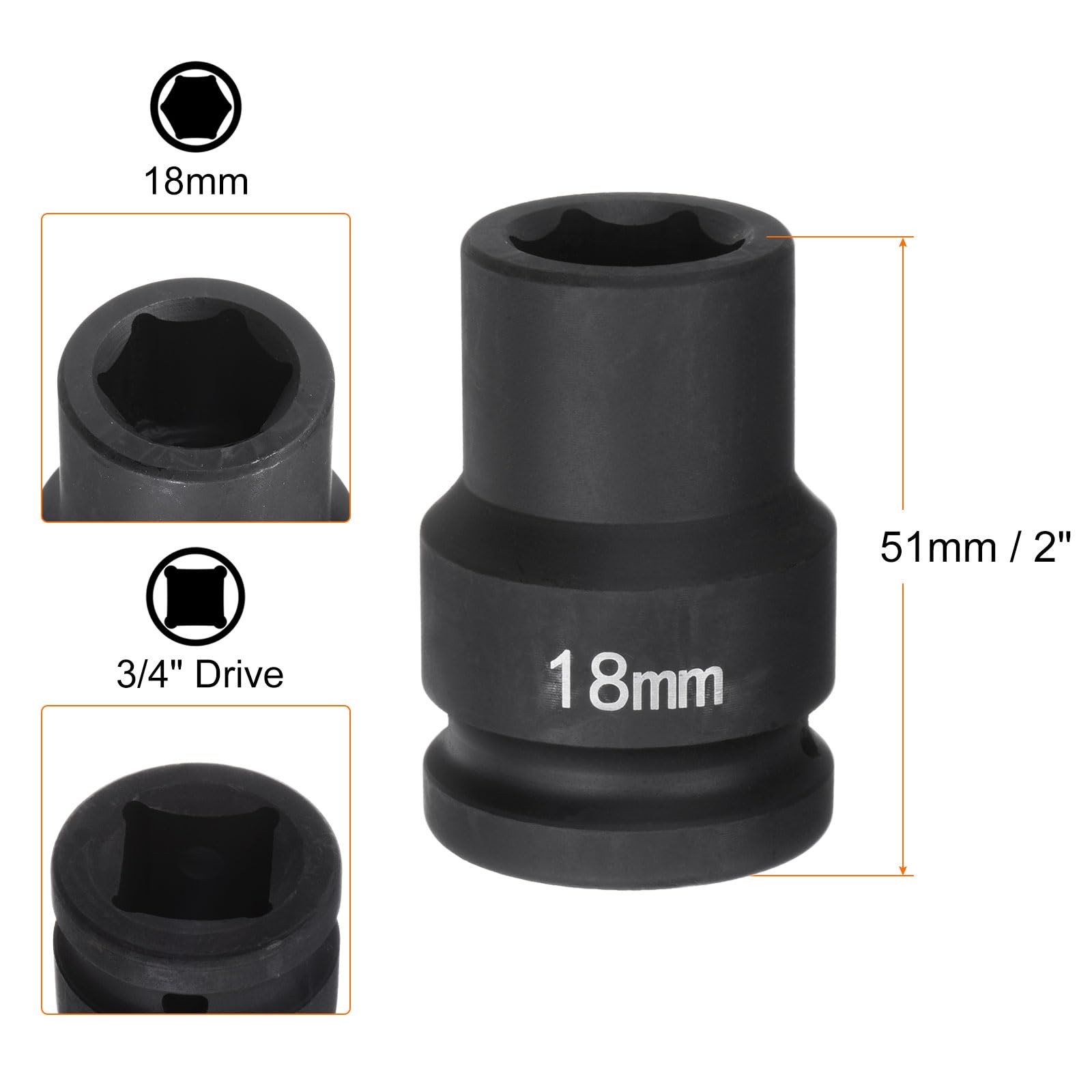 HARFINGTON 6-Point Impact Socket 3/4″ Drive 18mm Metric 40Cr Alloy Steel