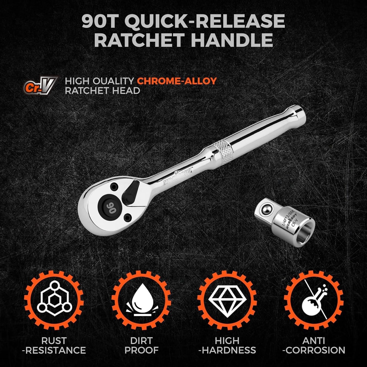 1/4″ Drive 90-Tooth Quick-Release Ratchet Handle with 1/4″ to 3/8″ Adapter, R…
