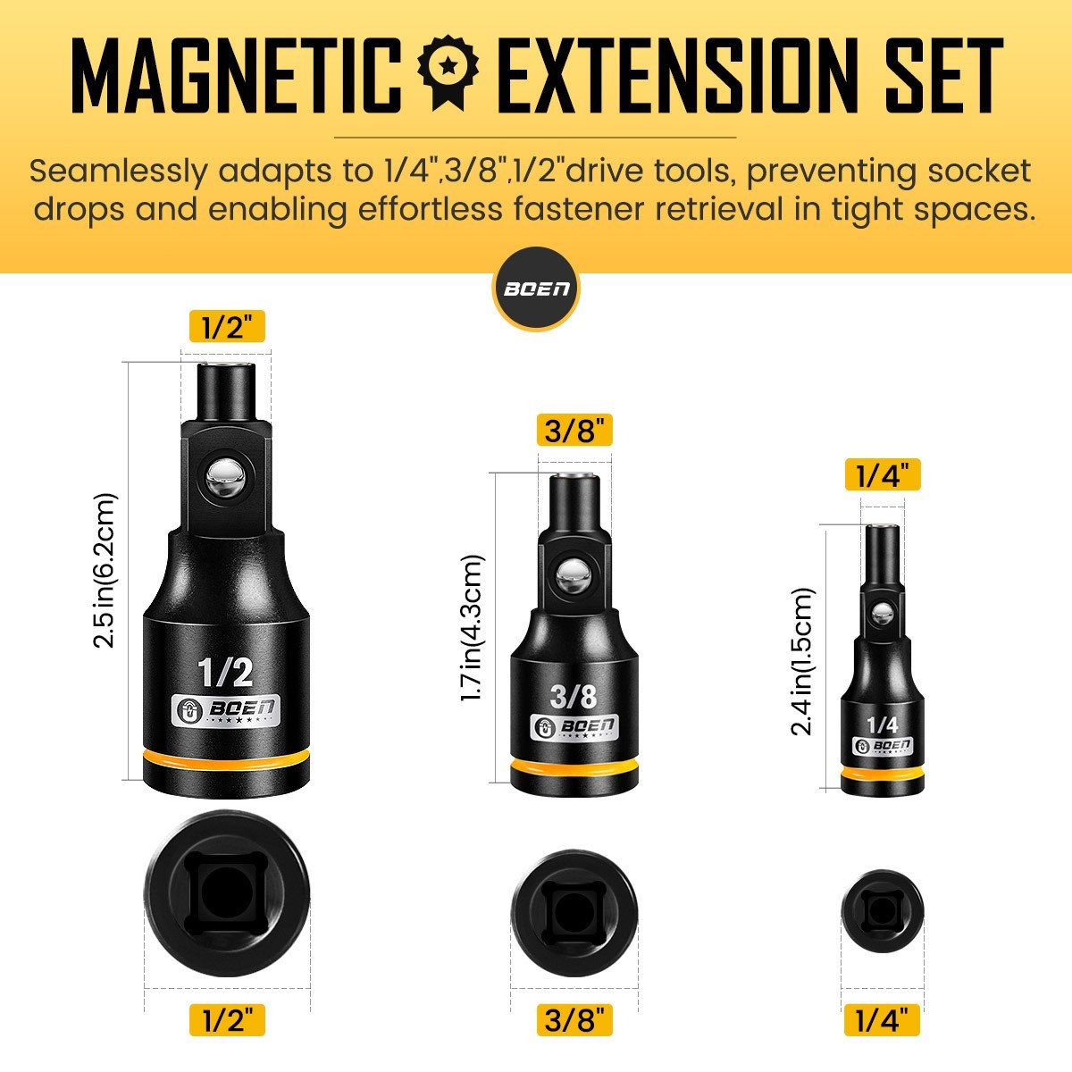 3-Piece Magnetic Socket Extension Adapter Set, 1/4″, 3/8″, 1/2″ Drive