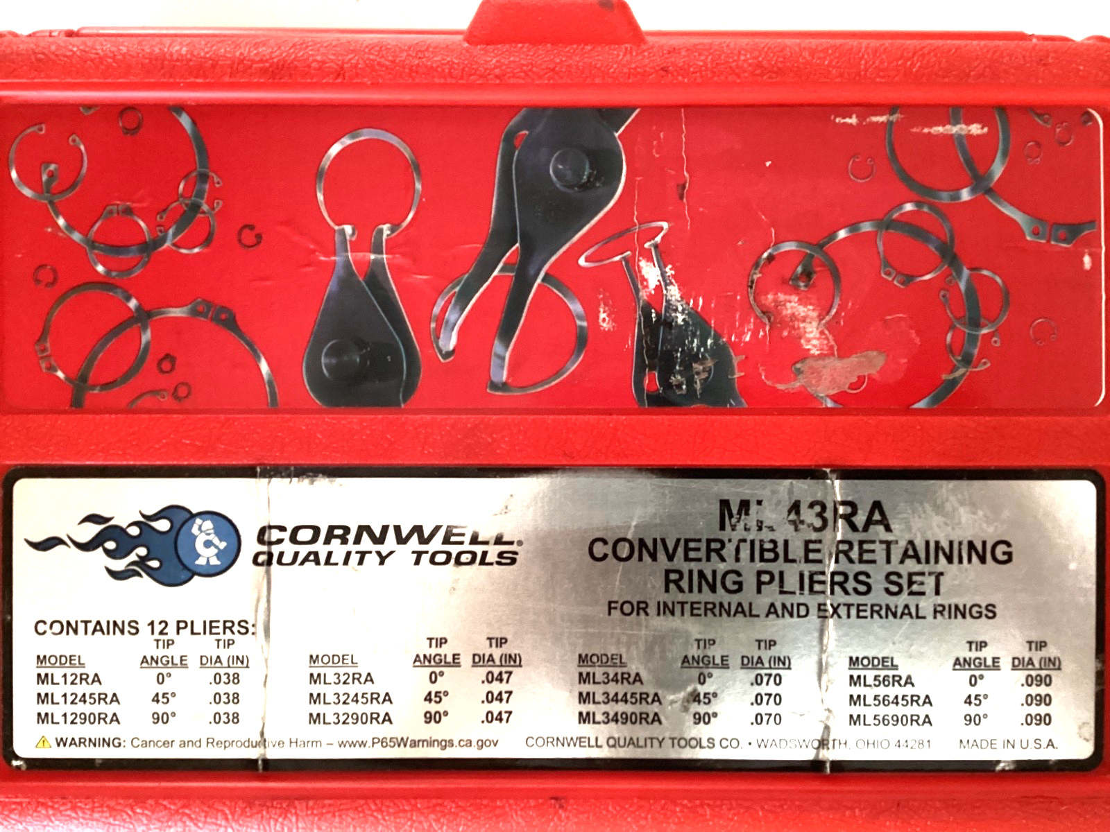 Cornwell Tools USA 12 Piece Convertible Snap Ring Pliers Set & Case ML43RA MINT