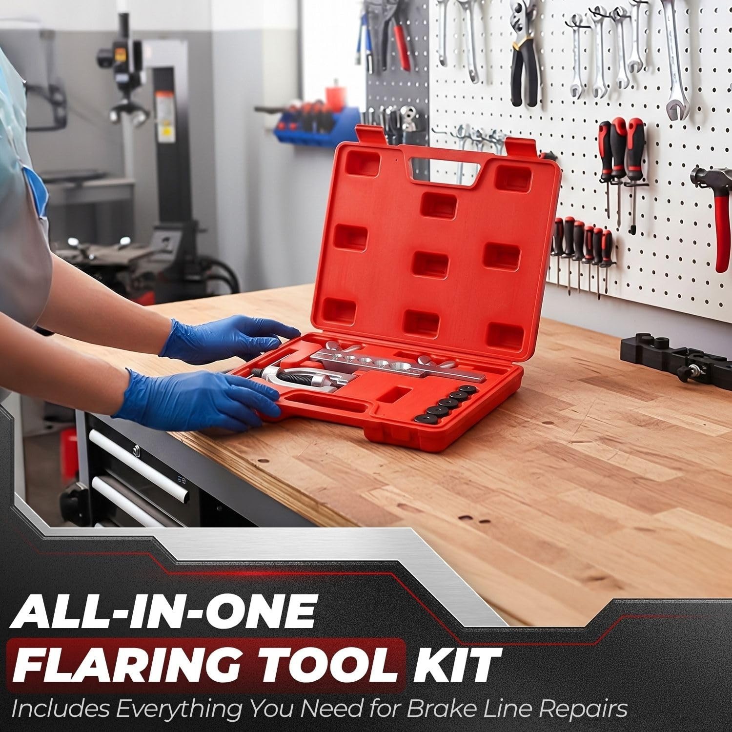 Double Flare Brake Line Flaring Tool Kit with Adapters for Copper Steel Aluminum
