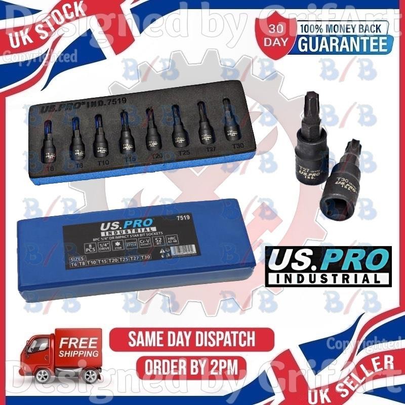 USPRO 8PC 1/4″ DRIVE IMPACT STAR TORX SOCKET BIT SET T6 T8 T10 T15 T20 T25 27 30