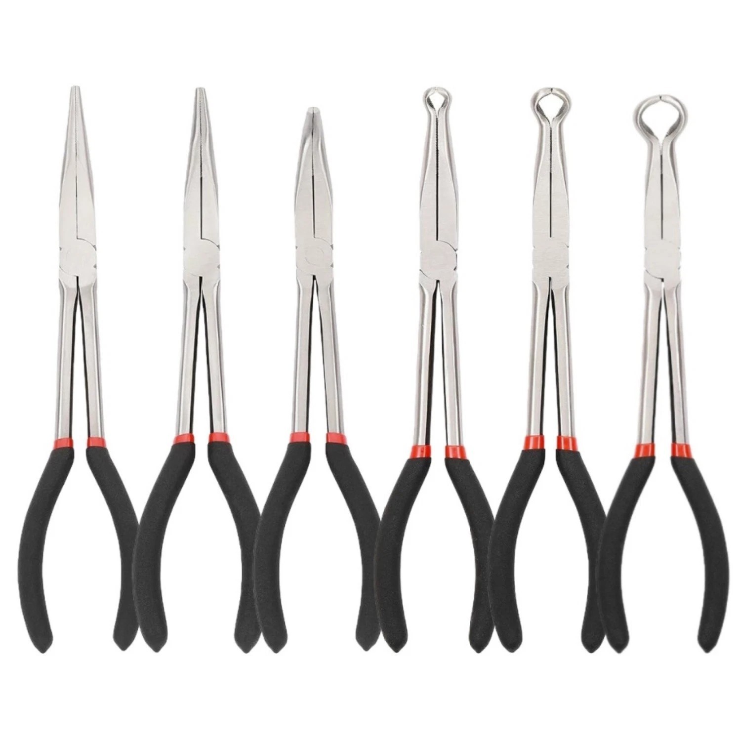 6PCS Extra Long Reach Pliers Set, 11″ Straight,45 and 90 Bent Nose, 5/16″, 1/2″