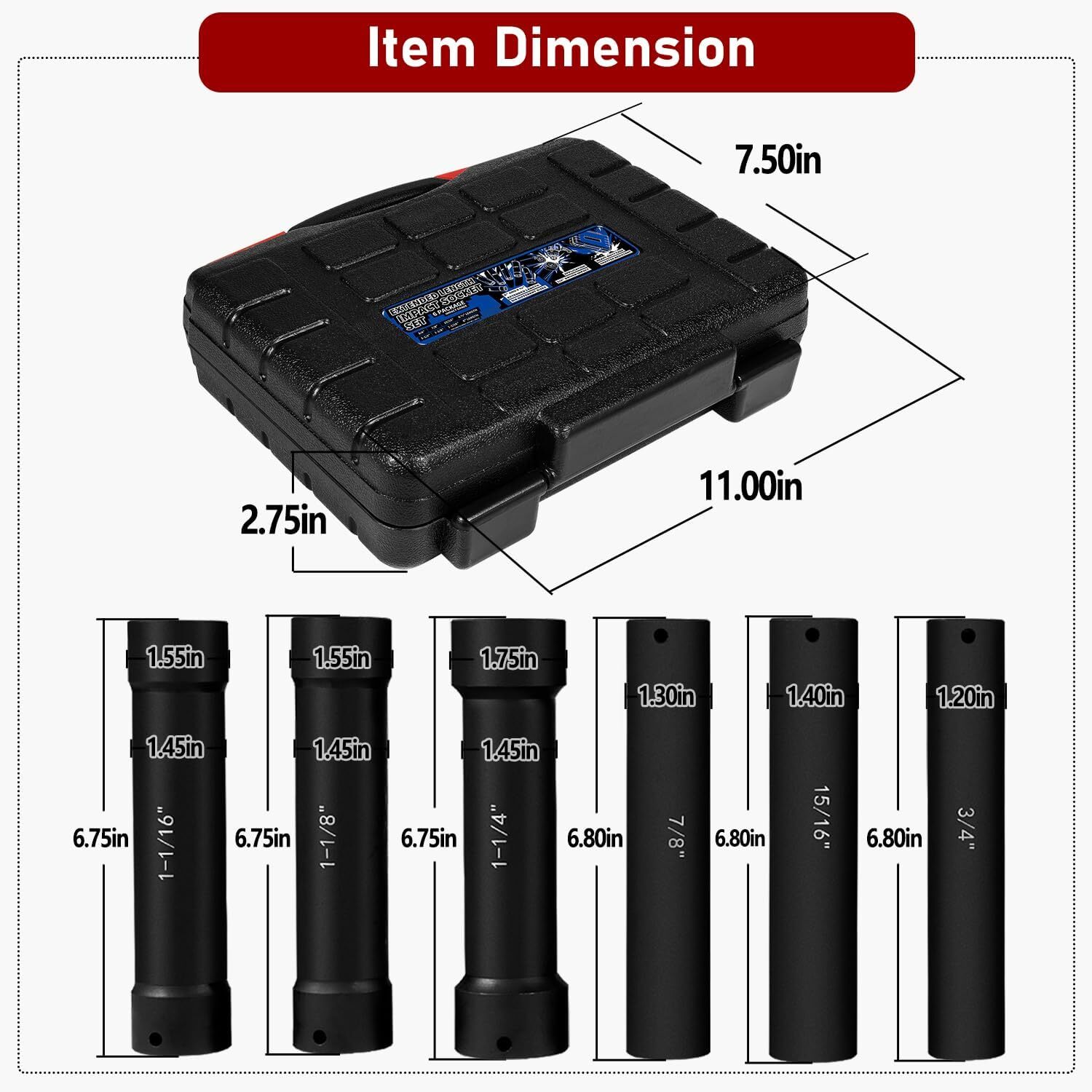 6PCS 1/2» Drive Extended Length Extra-Deep Length Impact Socket Set Heavy Duty