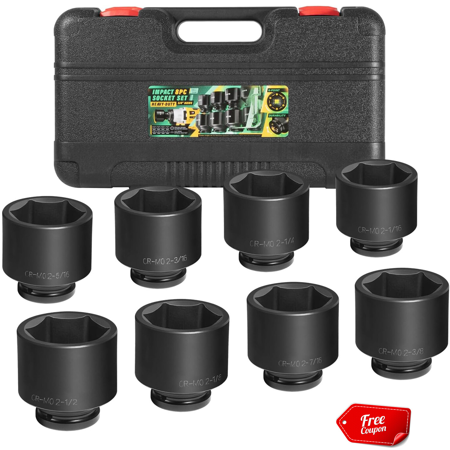 8pc 3/4Inch Drive Jumbo Deep Large Impact Socket Set 6 Point SAE 2-1/16 to 2-1/2