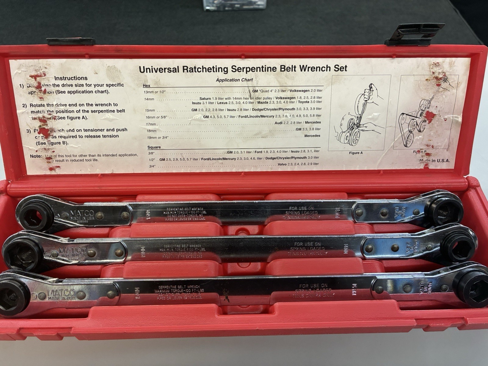 Matco Tools Universal 3 Pc Ratcheting Serpentine Belt Wrench Set USA Made SBK90