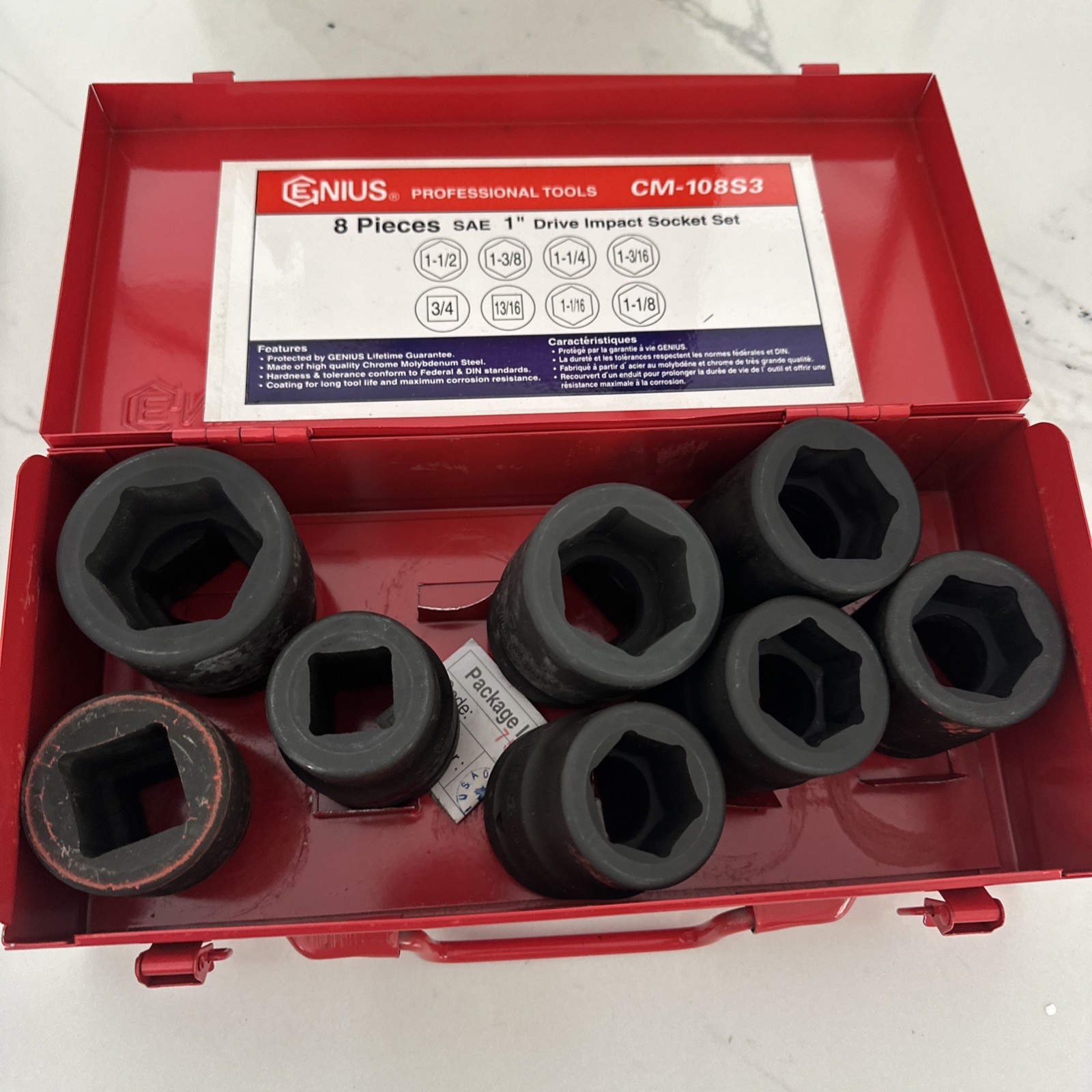 Genius CM 108S3 1″ Drive 8 Pc. Deep SAE Impact Socket Set to 3/4” To 1-1/2″ New