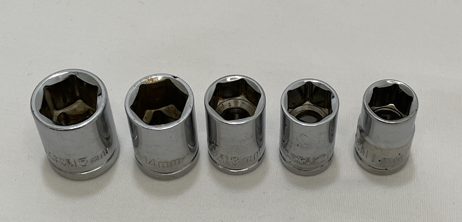 Vintage Chrome Vanadium 3/8”Drive Metric ￼15mm,14mm,13mm,12mm,11mm Lot Of 5