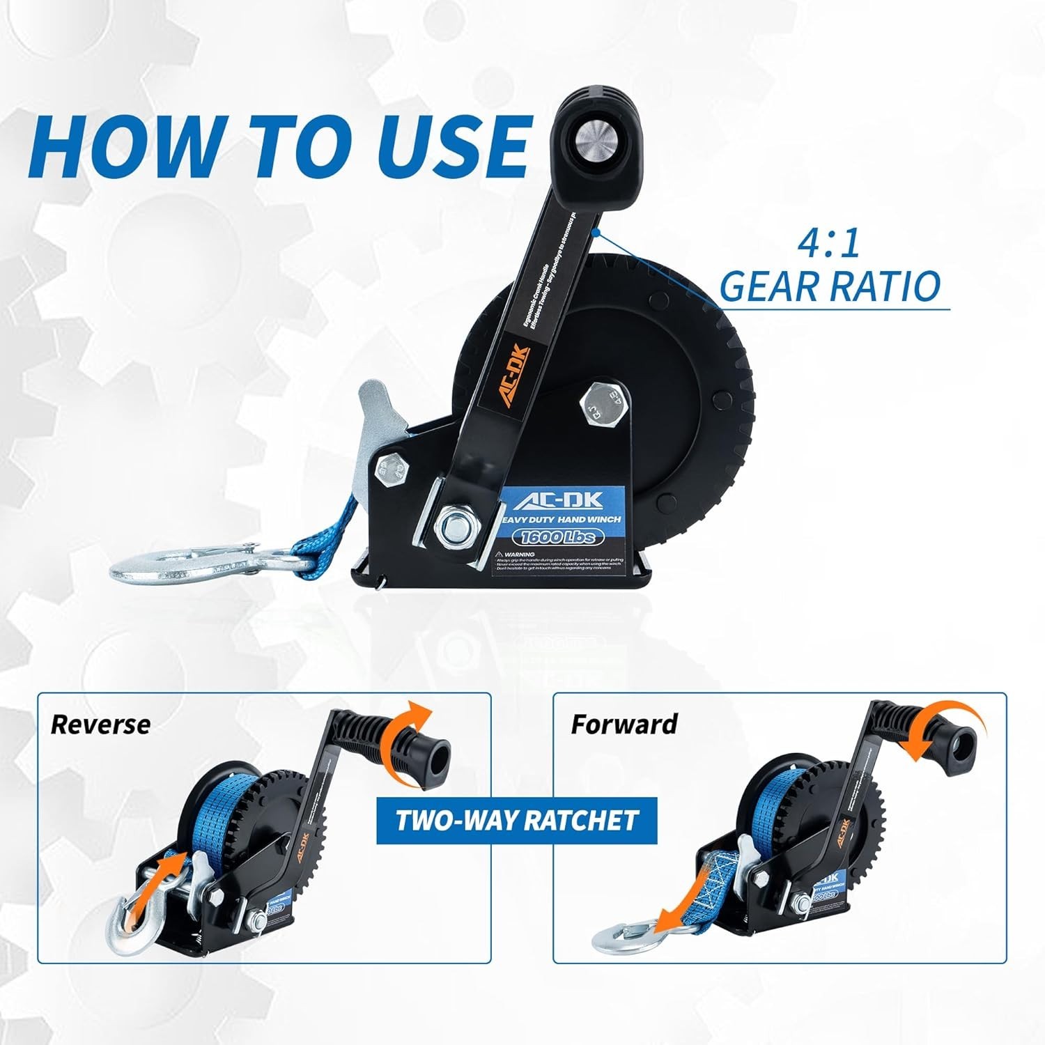 1600lbs Heavy Duty Boat Trailer Winch with 26FT Strap, 2-Way Ratchet & 4:1 Ge…
