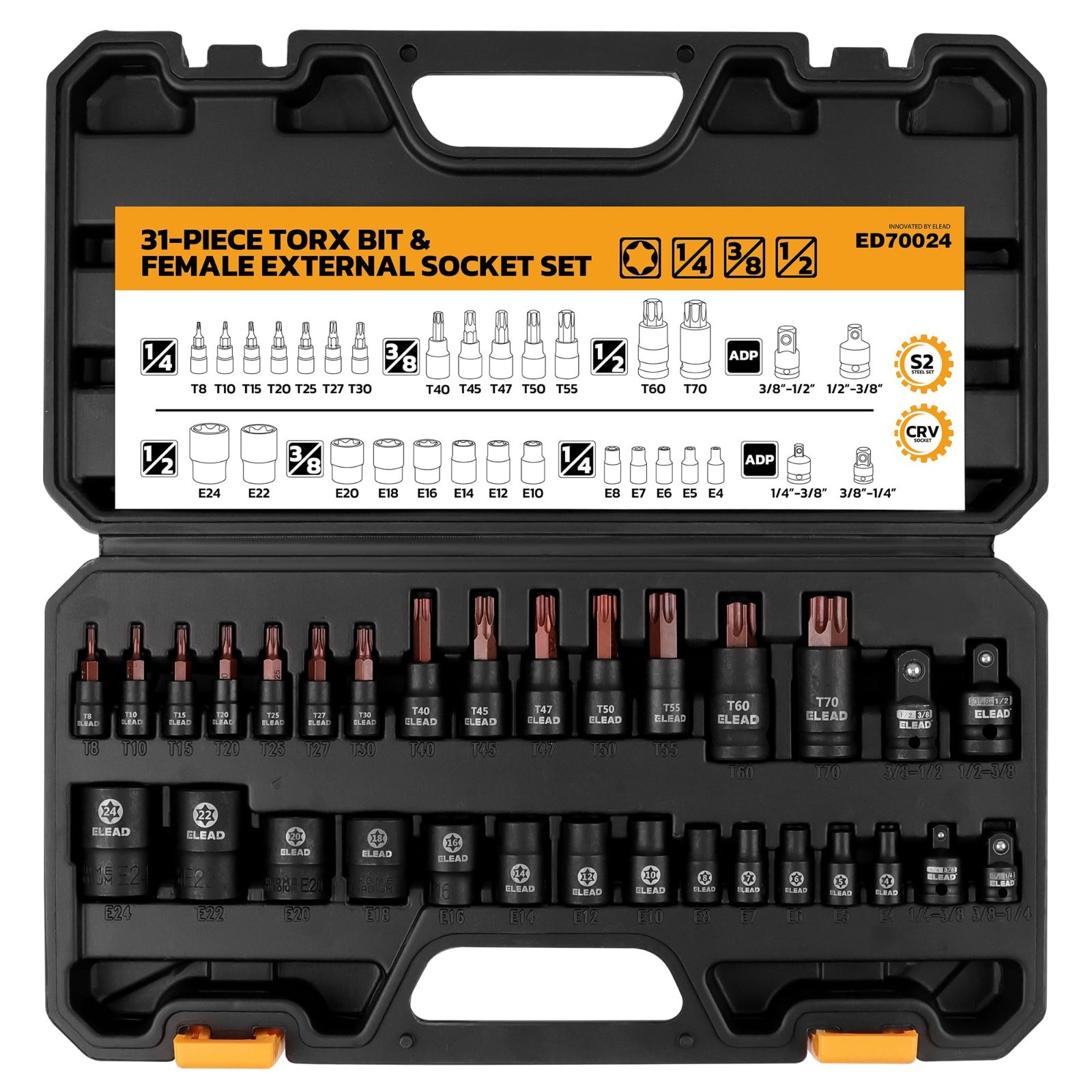 31-Piece Torx Bit Socket Set, 14 Star Bits T8-T70 & 13 E-Torx Sockets E4-E24, CR