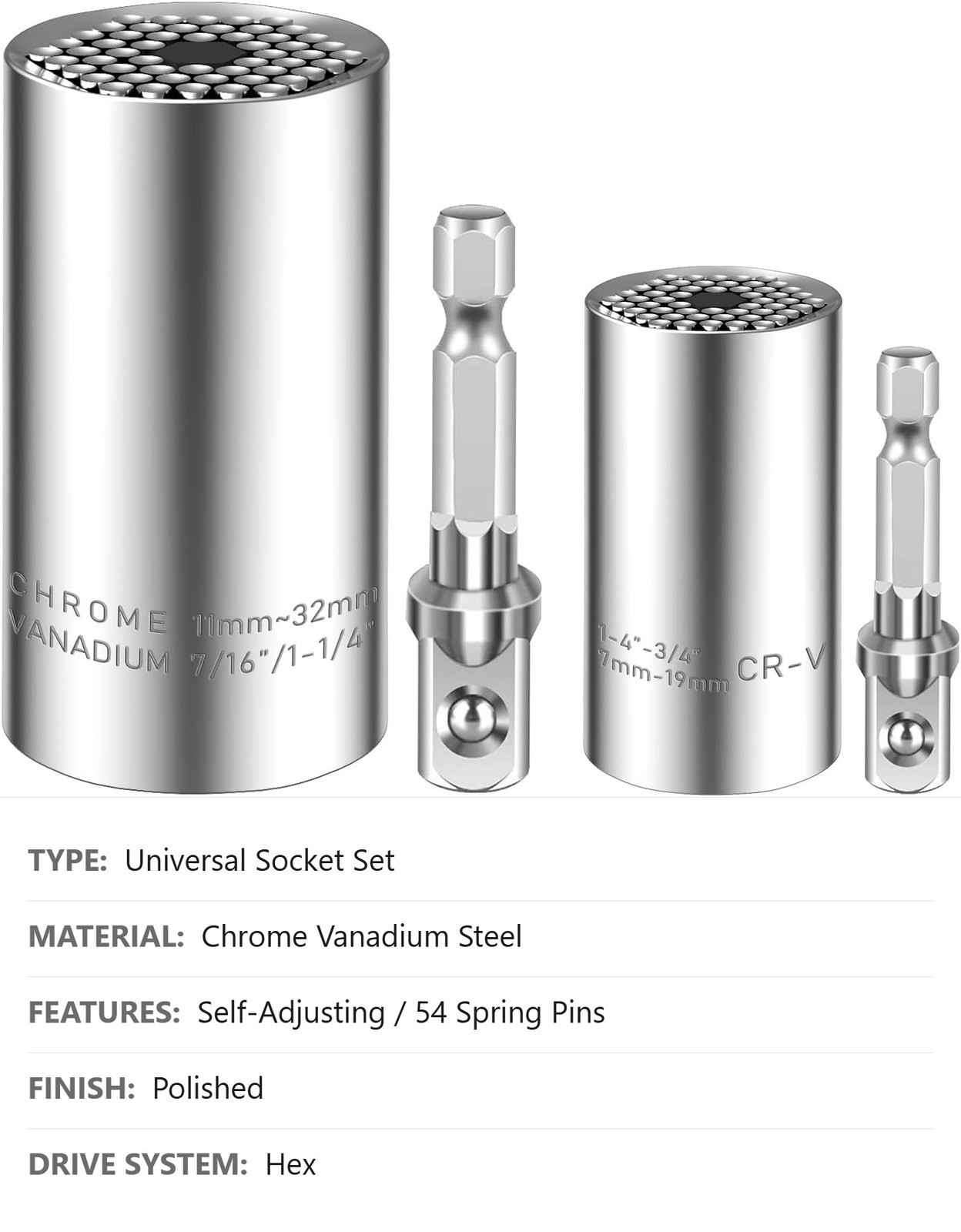 Universal Socket Set, 11-32mm, 7-19mm, 3/8″ 1/2″ Adapters, Polished