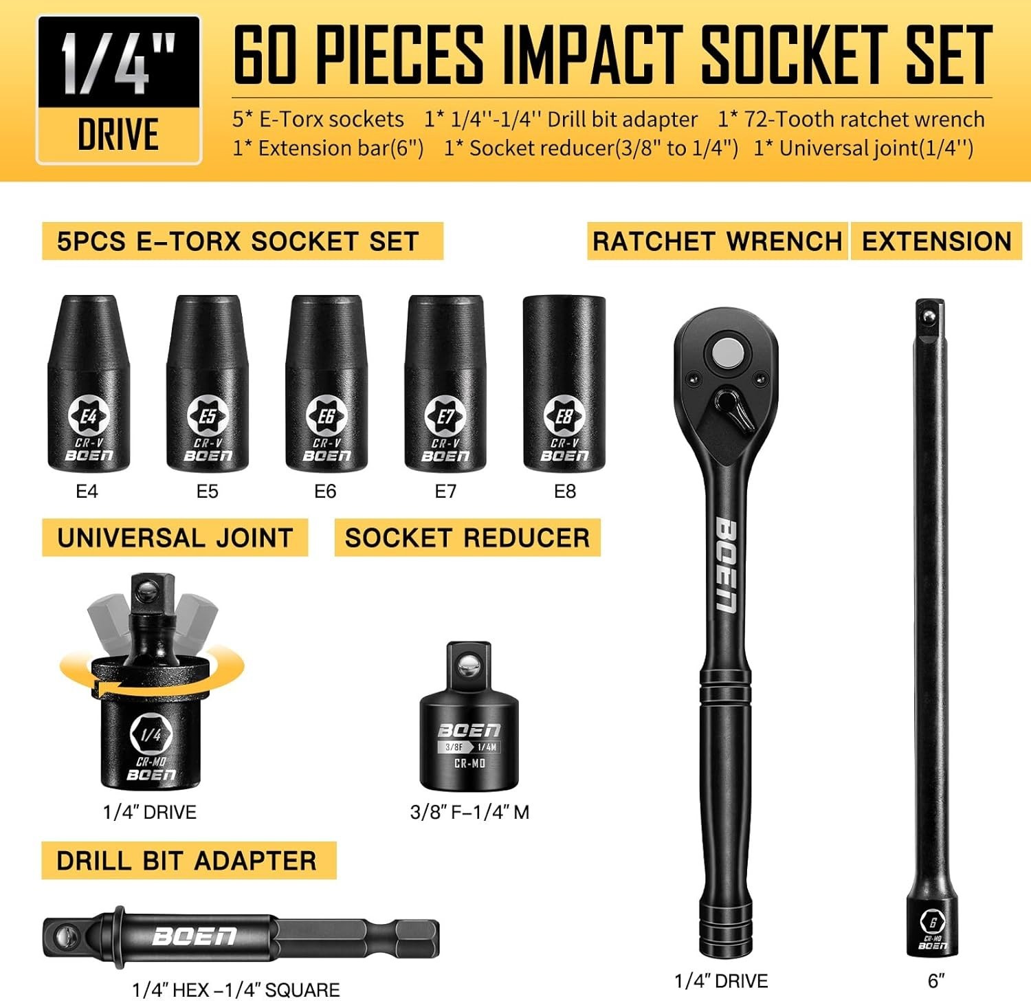 1/4 Drive Impact Socket Set 60PC SAE Metric Cr-Mo Deep Shallow Ratchet Kit