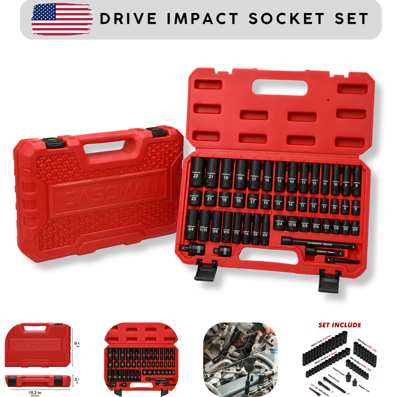 3/8″ Drive Impact Socket Set 49 Piece SAE & Metric 6 Point Cr-V Steel Deep & Sha