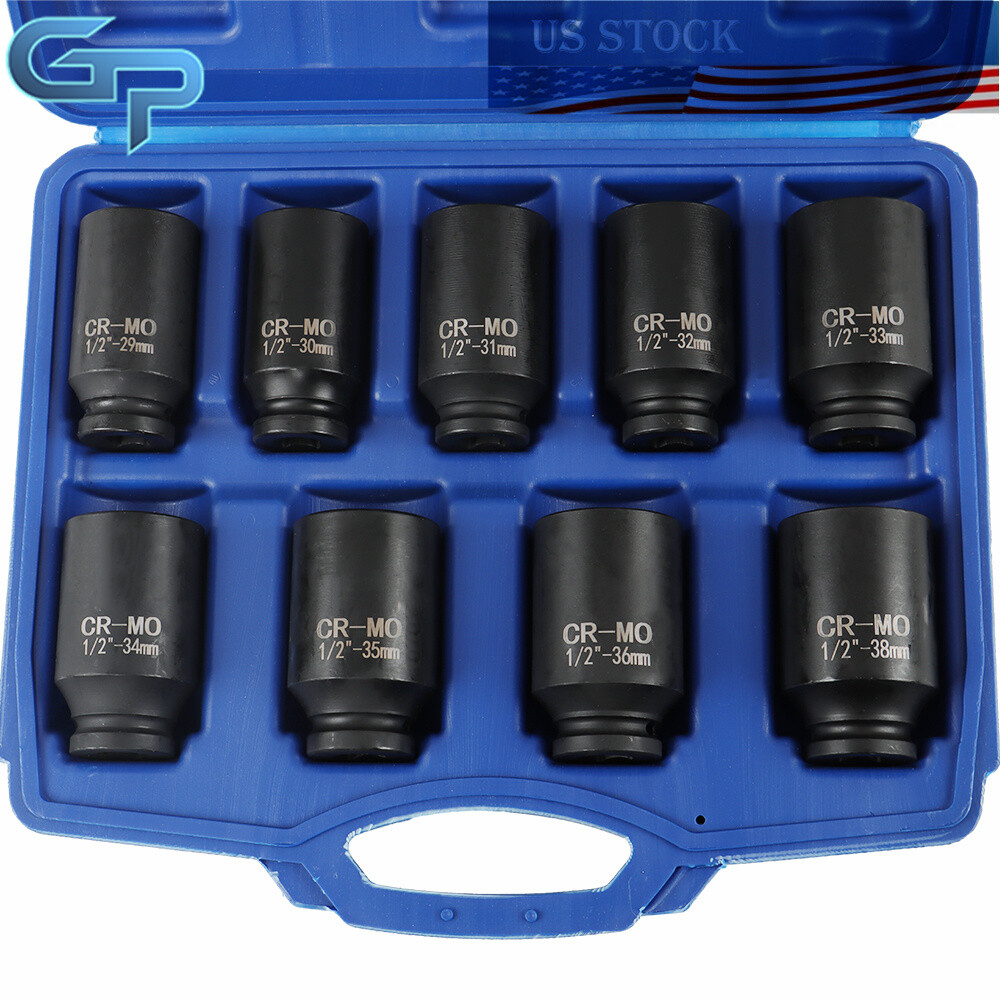 9pcs 29-38mm Deep Impact Socket Tool Kit 1/2″ Drive Metric Axle Hub Nut Socket