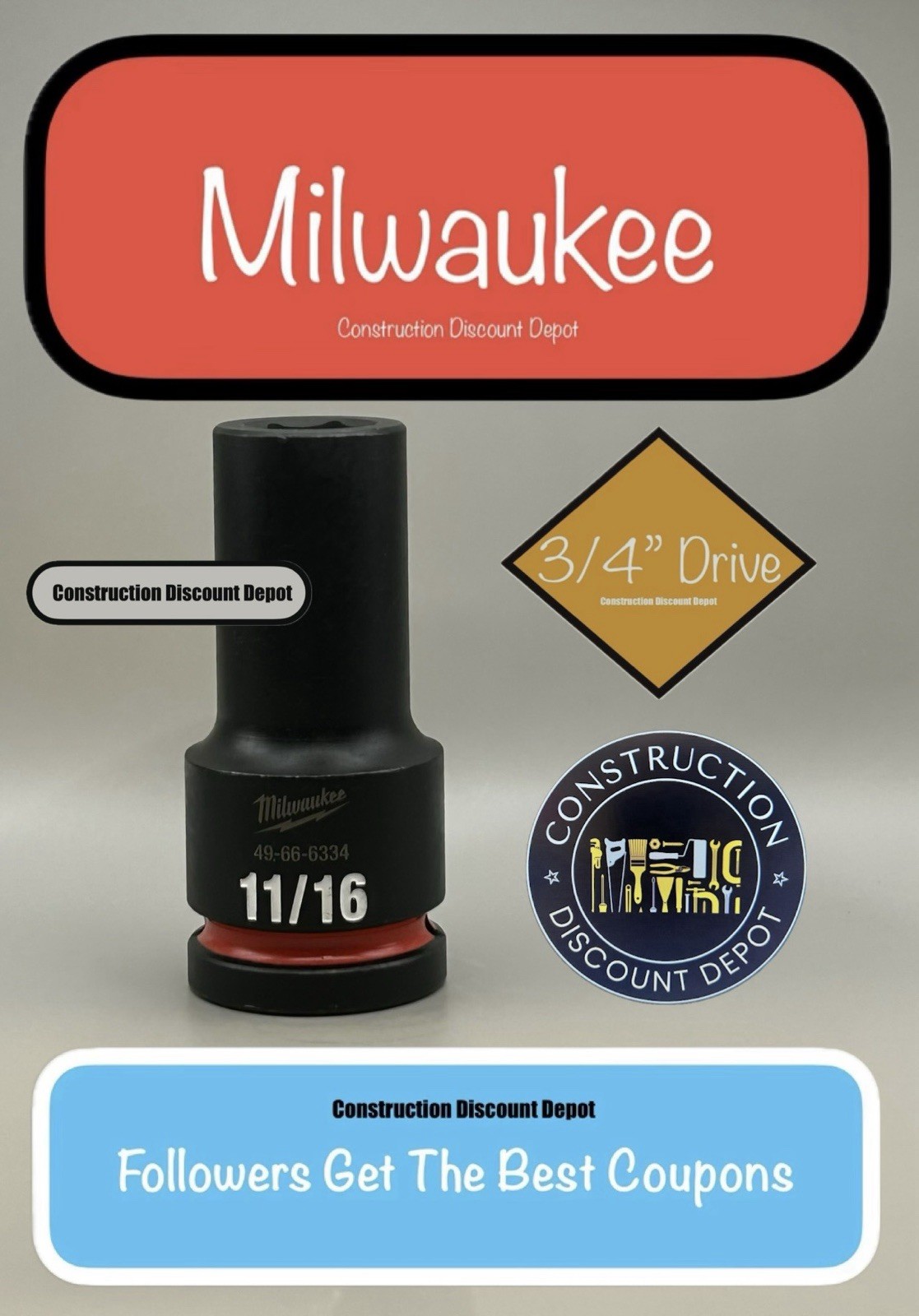 Milwaukee 49-66-6334 11/16 In. Shockwave Impact Duty 3/4″ Drive Deep Socket