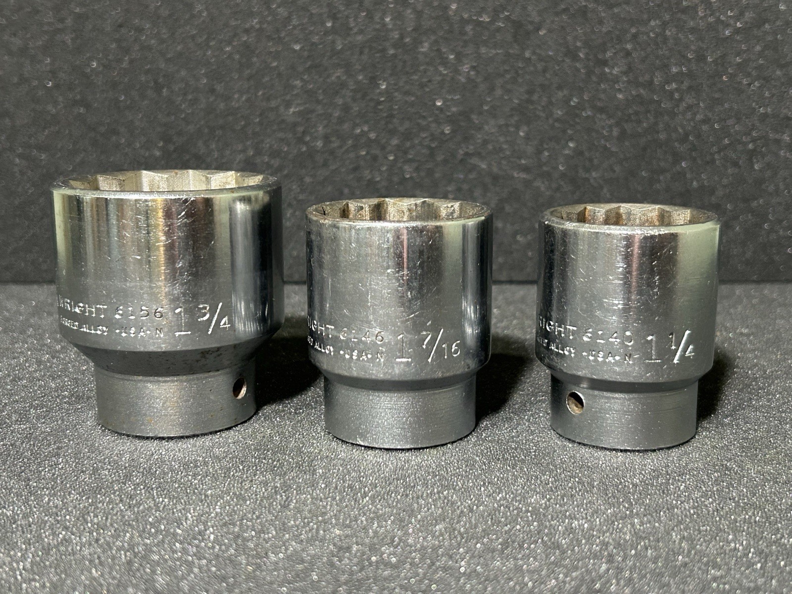 Lot of 3 WRIGHT 3/4″ Drive 12 Pt Sockets – 6156 1-3/4″ 6146 1 7/16” 6140 1 1/4”