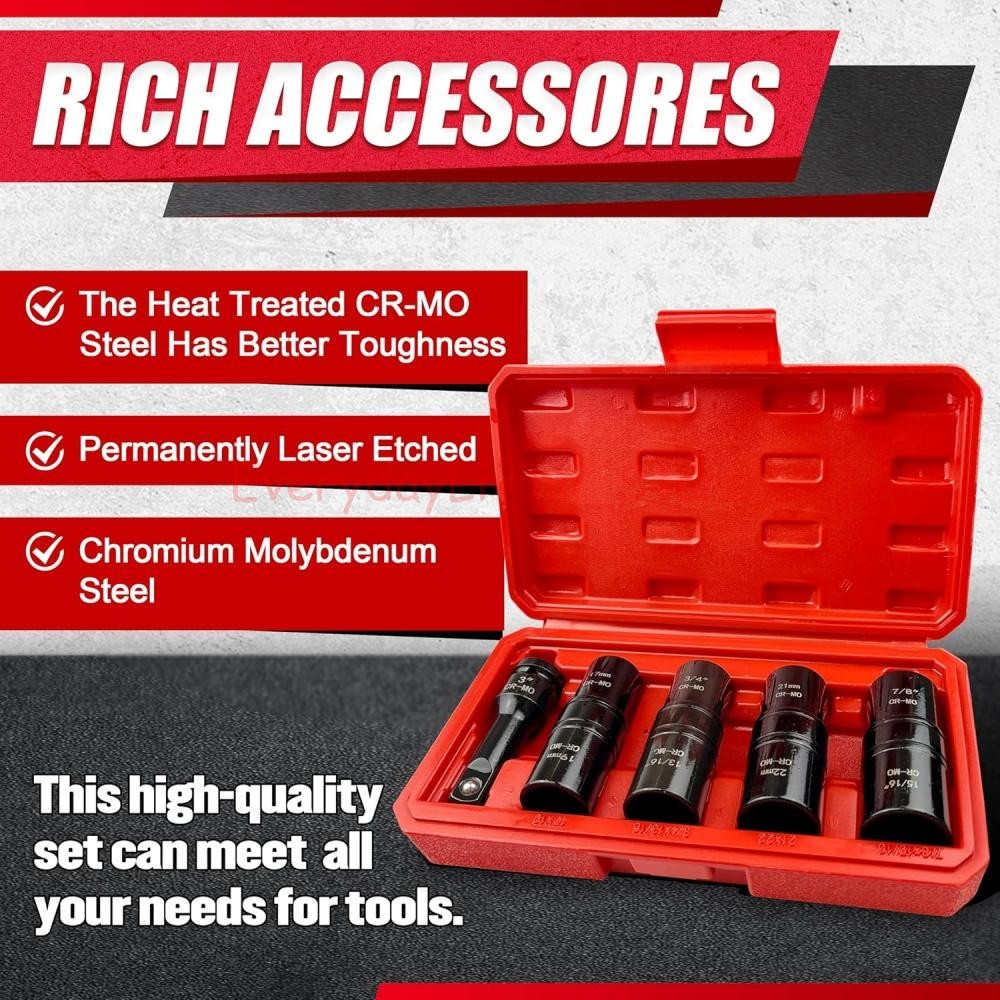 5PCS 1/2″ THIN WALL FLIP IMPACT SOCKET SET FOR AUTO RIMS TIRES LUG NUTS US