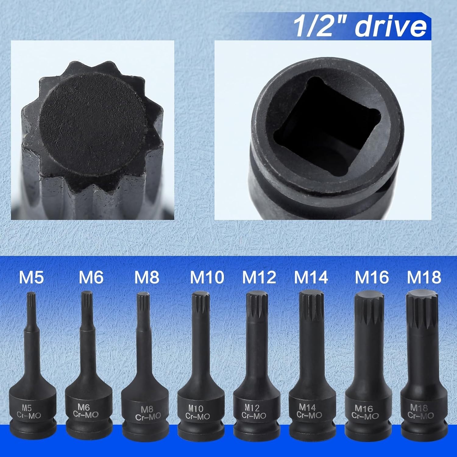 1/2″ Drive Impact Bit Socket Set – Triple Square Spline (Torx) 5mm-18mm – Long