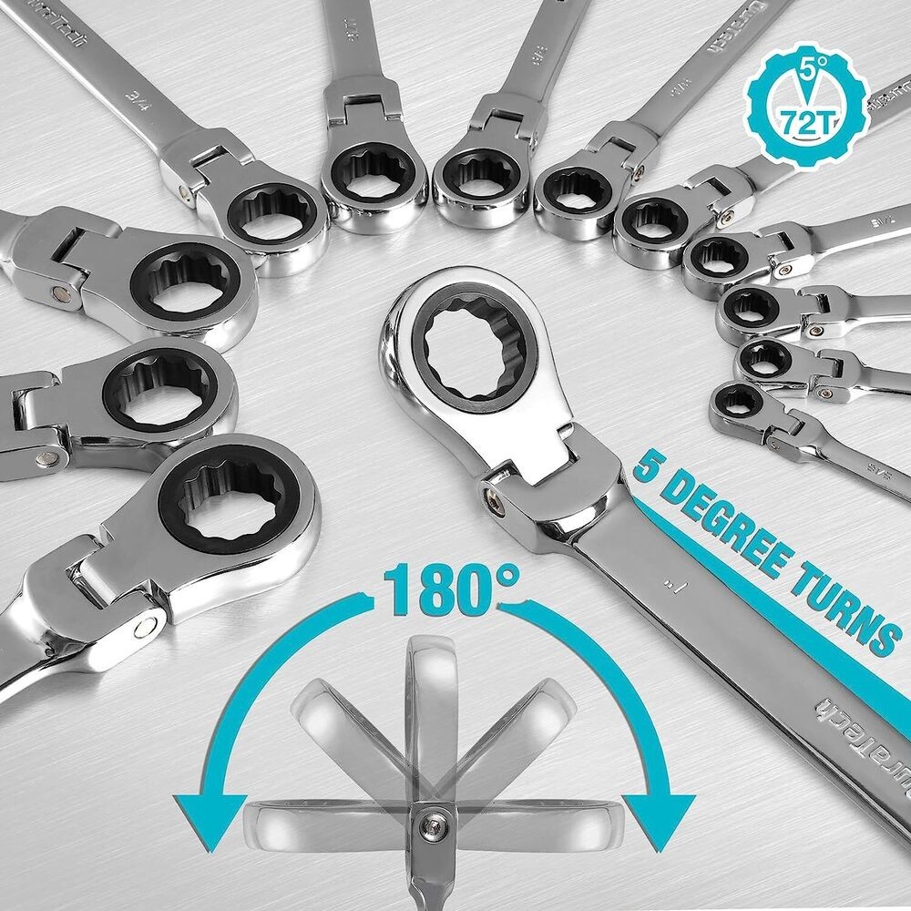 7pc 8-19 mm Ratcheting Wrench Combination Spanner Tool Set Metric Flexible Head