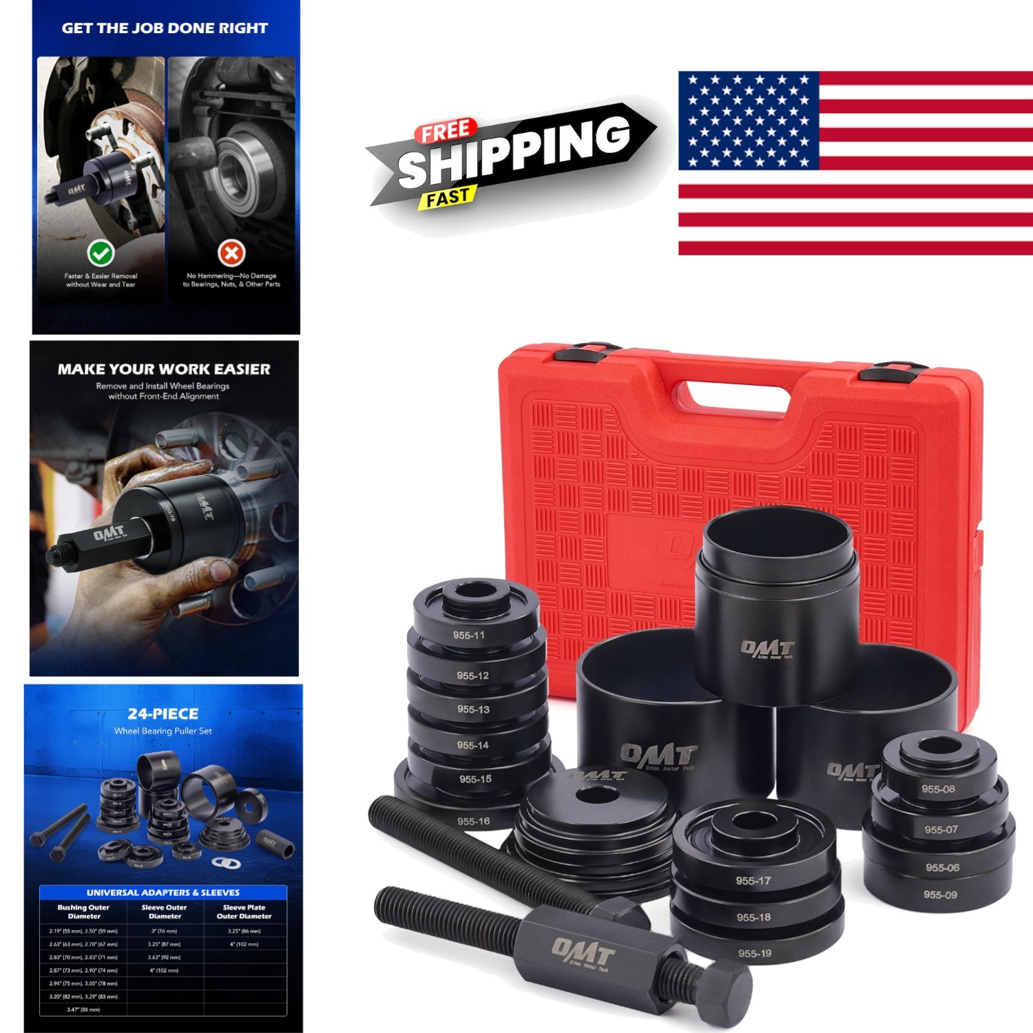 Front Wheel Drive Bearing Removal Tool Set Compact Storage Case and Accessories