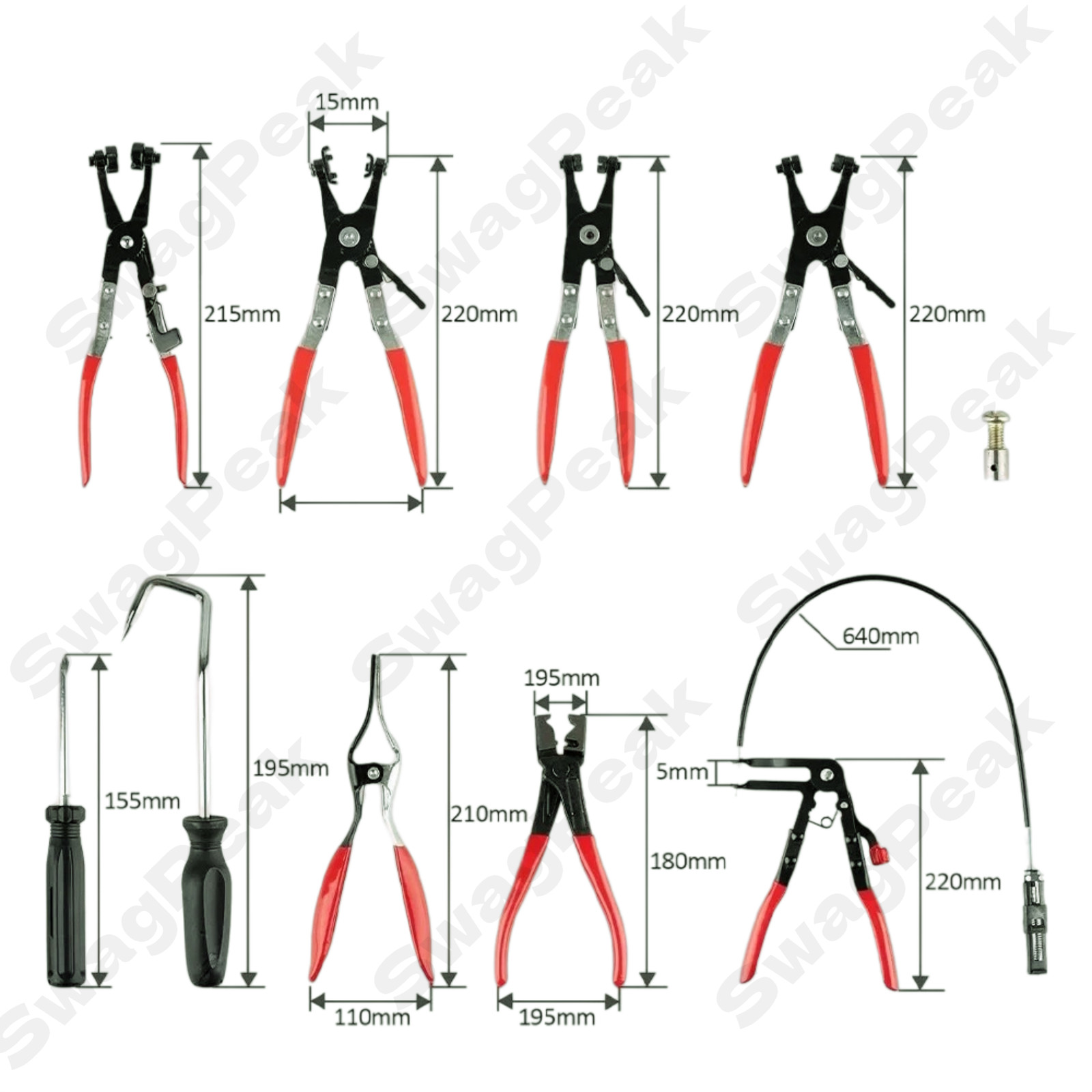 10Pc Hose Clamp Clip Remover Pliers Wire Long Reach Kit Fuel Oil Water Hose Tool