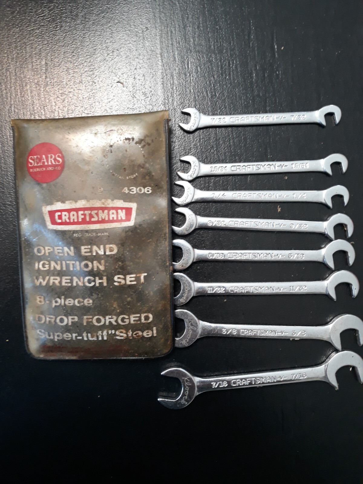 Vintage CRAFTSMAN  8-pc. OPEN END IGNITION WRENCH SET, 9-4306, USA -V- series